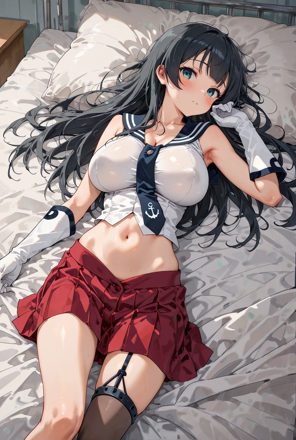 highest quality:, Very detailed, up to date, Ultra-high resolution, High Contrast, masterpiece, highest quality, very aesthetics), (beautiful detailed face), (Highly detailed skin:), 1 lady, jk, thong:, (under boob:1.2), Crop Top white shirt, sleeveless, Sailor uniform only for the upper body, Red Ribbon Tie, kneeing with hands back:, spread legs,half opened mouth, smile, Detailed beautiful delicate face, High detailed skin, beautiful detailed Green eyes, bedroom, high heeled shoes, long legs, short torso, anatomically correct, semi long hair
