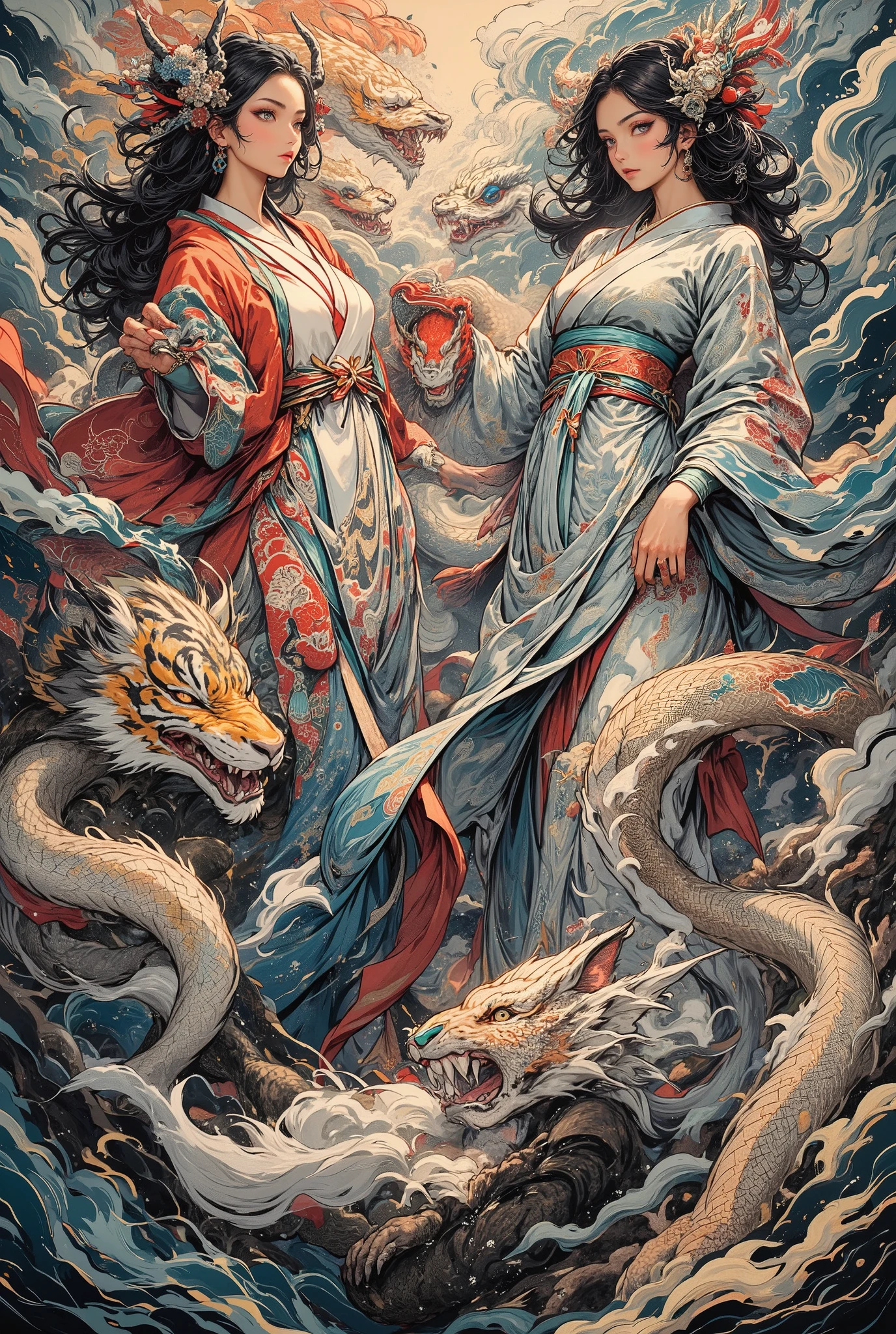 ((Two goodnesses, One is the incarnation of the tiger goddess , the other is the incarnation of the dragon goddess)), The Tiger Goddess is roaring at the Dragon Goddess in the heavens, The Dragon Goddess is roaring at the Tiger Goddess on earth,  (A painting depicting the conflict between two goodness), old Japan, Sengoku period, the goddesses wear a beautiful fluttering cosutume with intricate patterns, intricate designed kimono, Sengoku period, beauty hair, pale skin, beautiful eyes, beautiful eyeshadow, lipstick, wearing a intricate beautiful pattered Kimono as casual style, sexy thighs, dynamic posture, action shot, cinematic lighting for creating the best shadows, incredibly absurdres, best quality, supreme, perfect anatomy, detailed descriptions, 8k resolution, optimized coloring, delicate paintings, Kimono
Japan
CTAI