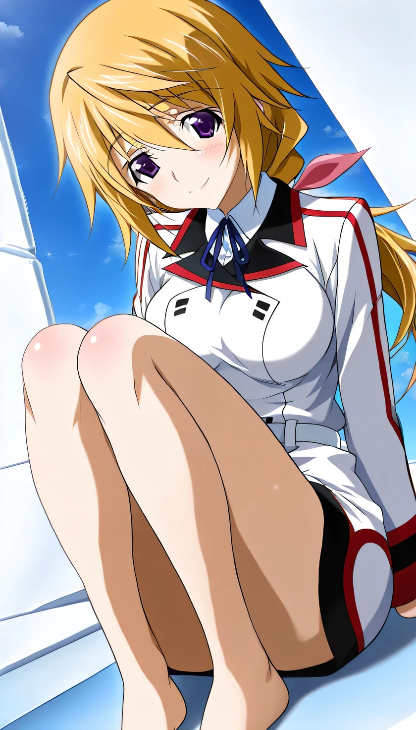 {{{masterpiece}}}, (best quality:1.5), (ultra-detailed:1.5), {illustration}, {{an extremely delicate and beautiful}}, (beautiful detailed eyes:1.6), absurdres, highres, extremely detailed face, 16k, hd, visual anime de uma jovem mulher, extremamente bonito rosto de anime, anime melhor garota, (perfect hands, perfect anatomy), anime face, charlotte dunois(Infinite Stratos), 1girl, solo, cute face, long hair, blonde hair, pink hair ribbon, hair between eyes, round face, (purple eyes:1.2), low ponytail, yellow pendant, medium breasts, big hips, curvaceous, BREAK, {school uniform}, military uniform, (white military uniform:1.5), long sleeves, (white sleeves:1.5), blue neck ribbon, white belt, microskirt, white skirt, barefoot,