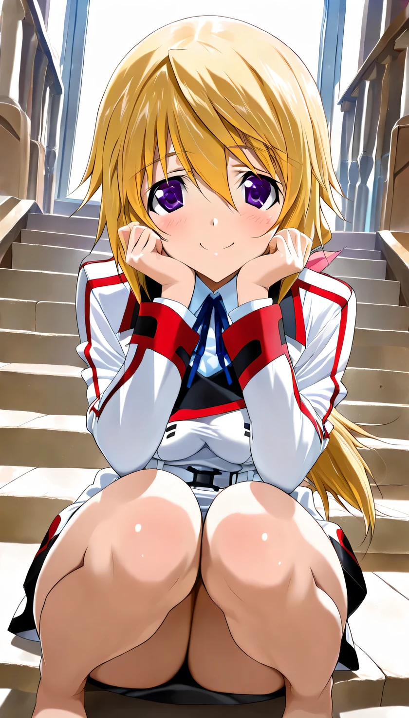 {{{masterpiece}}}, (best quality:1.5), (ultra-detailed:1.5), {illustration}, {{an extremely delicate and beautiful}}, (beautiful detailed eyes:1.6), absurdres, highres, extremely detailed face, 16k, hd, visual anime de uma jovem mulher, extremamente bonito rosto de anime, anime melhor garota, (perfect hands, perfect anatomy), anime face, charlotte dunois(Infinite Stratos), 1girl, solo, cute face, long hair, blonde hair, pink hair ribbon, hair between eyes, (round face:1.1), rounded chin, (purple eyes:1.2), low ponytail, yellow pendant, medium breasts, big hips, curvaceous, BREAK, {school uniform}, military uniform, (white military uniform:1.5), long sleeves, (white sleeves:1.5), blue neck ribbon, white belt, microskirt, white skirt, barefoot, BREAK, ( Sit on the stairs:1.2), face focus, Looks happy, upturned eyes, flushed cheeks, looking at viewer, knees together feet apart, sit