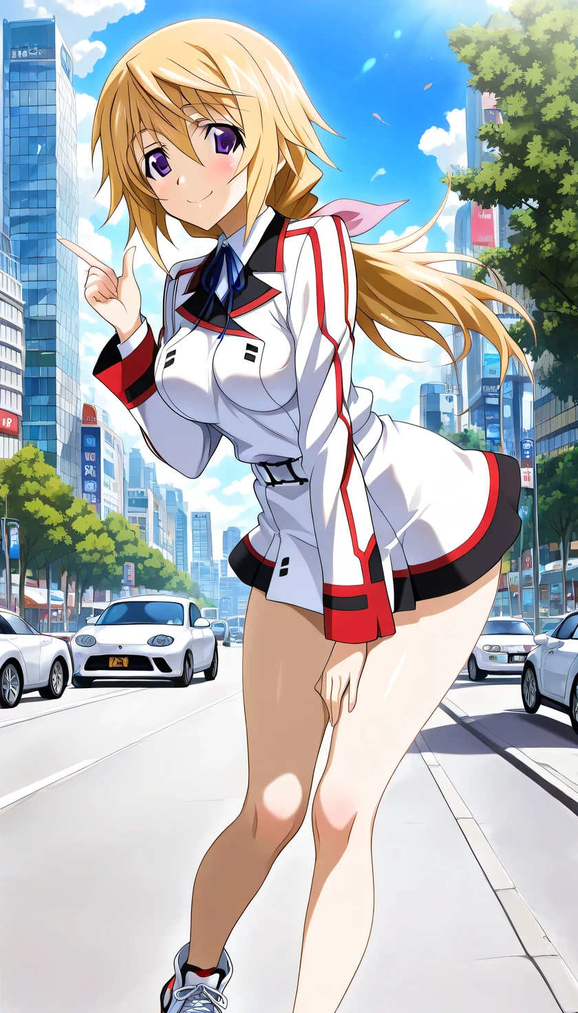 {{{masterpiece}}}, (best quality:1.5), (ultra-detailed:1.5), {illustration}, {{an extremely delicate and beautiful}}, (beautiful detailed eyes:1.6), absurdres, highres, extremely detailed face, 16k, hd, visual anime de uma jovem mulher, extremamente bonito rosto de anime, anime melhor garota, (perfect hands, perfect anatomy), anime face, charlotte dunois(Infinite Stratos), 1girl, solo, cute face, long hair, blonde hair, pink hair ribbon, hair between eyes, (round face:1.1), rounded chin, (purple eyes:1.2), low ponytail, yellow pendant, medium breasts, big hips, curvaceous, BREAK, {school uniform}, military uniform, (white military uniform:1.5), long sleeves, (white sleeves:1.5), blue neck ribbon, white belt, microskirt, white skirt, barefoot, white sneakers, BREAK, (cute gestures:1.2), smiling, looking at viewer, flushed cheeks, flash effect, outdoor, (tokyo:1.5), building, scenery, outdoors, city, cityscape, real world location, day, skyscraper, asphalt road, car, sky, tree, daytime, peer in from below