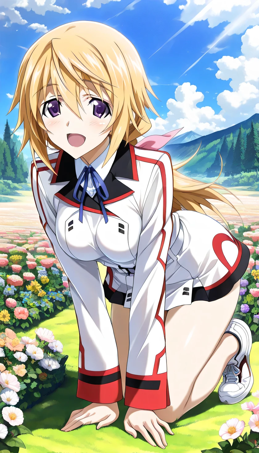 {{{masterpiece}}}, (best quality:1.5), (ultra-detailed:1.5), {illustration}, {{an extremely delicate and beautiful}}, (beautiful detailed eyes:1.6), absurdres, highres, extremely detailed face, 16k, hd, visual anime de uma jovem mulher, extremamente bonito rosto de anime, anime melhor garota, (perfect hands, perfect anatomy), anime face, charlotte dunois(Infinite Stratos), 1girl, solo, cute face, long hair, blonde hair, pink hair ribbon, hair between eyes, (round face:1.1), rounded chin, (purple eyes:1.2), low ponytail, yellow pendant, medium breasts, big hips, curvaceous, BREAK, {school uniform}, military uniform, (white military uniform:1.5), long sleeves, (white sleeves:1.5), blue neck ribbon, white belt, microskirt, white skirt, barefoot, (white sneakers:1.2), BREAK, smiling, looking at viewer, open mouth, flushed cheeks, flash effect, outdoor, mountain, daytime, forest, flower garden, field, sunshine, peer in from below