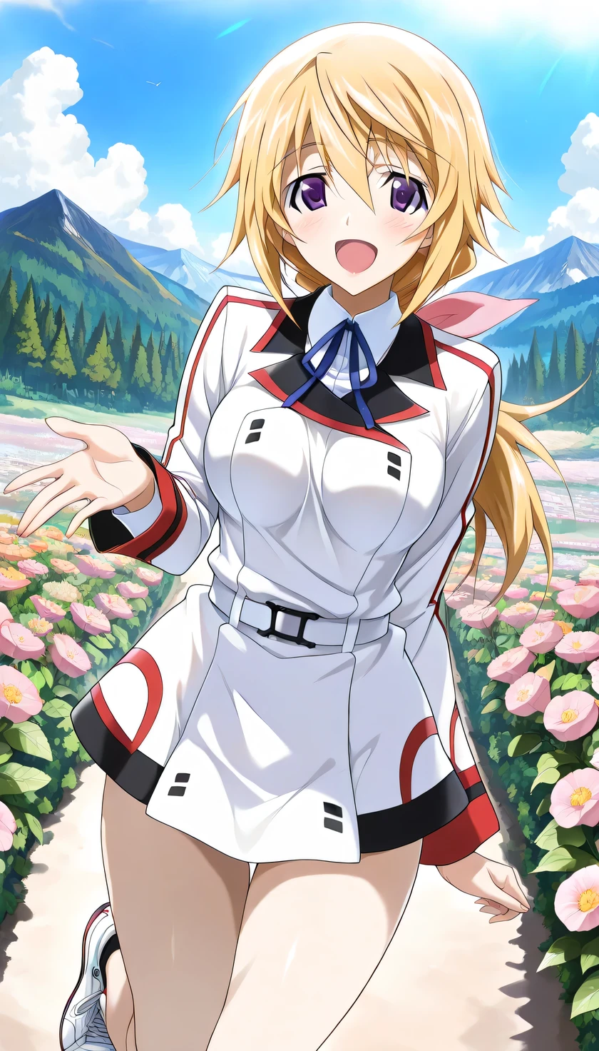 {{{masterpiece}}}, (best quality:1.5), (ultra-detailed:1.5), {illustration}, {{an extremely delicate and beautiful}}, (beautiful detailed eyes:1.6), absurdres, highres, extremely detailed face, 16k, hd, visual anime de uma jovem mulher, extremamente bonito rosto de anime, anime melhor garota, (perfect hands, perfect anatomy), anime face, charlotte dunois(Infinite Stratos), 1girl, solo, cute face, long hair, blonde hair, pink hair ribbon, hair between eyes, (round face:1.1), rounded chin, (purple eyes:1.2), low ponytail, yellow pendant, medium breasts, big hips, curvaceous, BREAK, {school uniform}, military uniform, (white military uniform:1.5), long sleeves, (white sleeves:1.5), blue neck ribbon, white belt, microskirt, white skirt, barefoot, (white sneakers:1.2), BREAK, smiling, looking at viewer, open mouth, flushed cheeks, flash effect, outdoor, mountain, daytime, forest, flower garden, field, sunshine, peer in from below