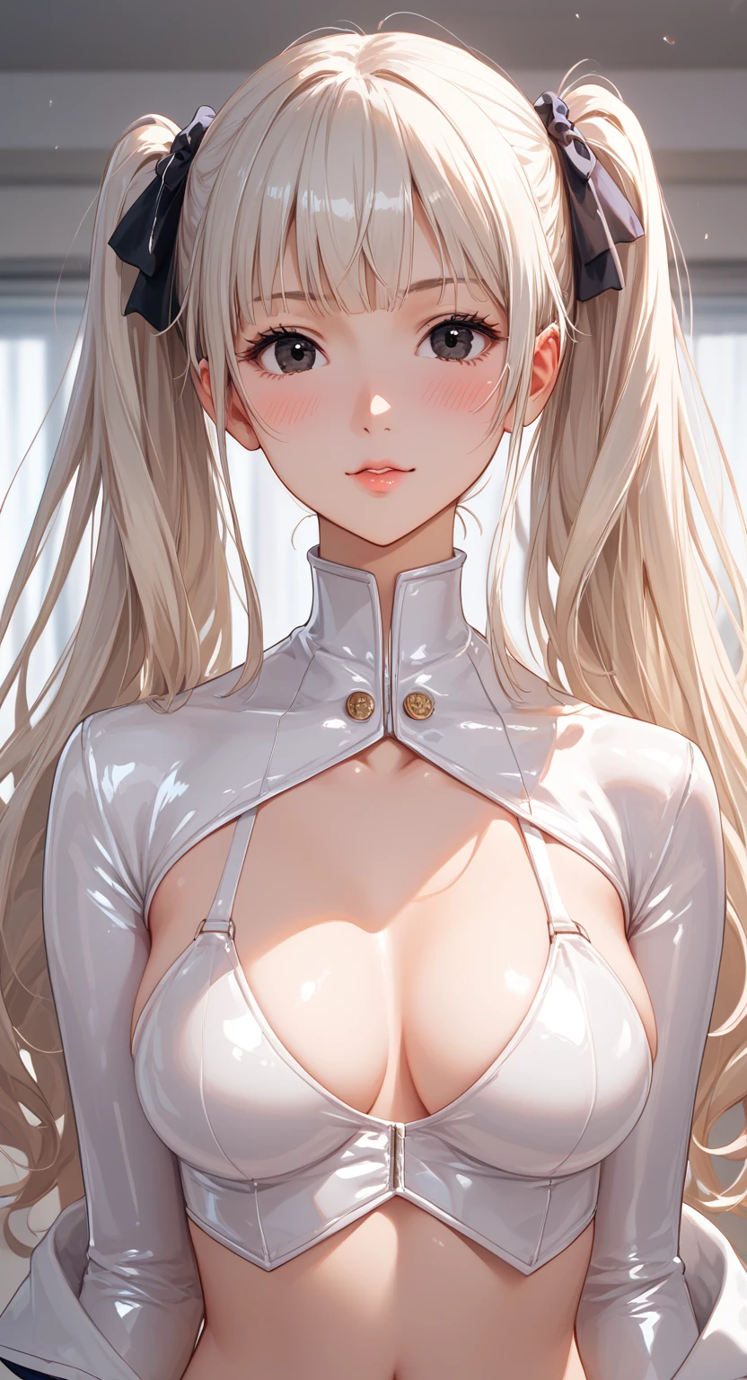 (masterpiece:1.2, highest quality), (realistic, photorealistic:1.4), beautiful illustrations, (natural side lighting, movie lighting), looking at the viewer, Upper body, (Front view), 1 girl, perfect face, Cute symmetrical face, shiny skin, baby face, long eyelashes, (medium breasts), (wide hips),beautiful hair, beautiful face, fine and beautiful eyes, beautiful body, beautiful breasts, beautiful thighs, beautiful feet, beautiful fingers,(beautiful scenery),(lovely cute smile:1.2, upper grade),(NIKKE ,BLANC),(white bunny girl:1.2), white fish net tights, white hair, long, straight hair, (yellow eyes),bunny cuffs, black tie,shoulder, collarbone,bunny collar,