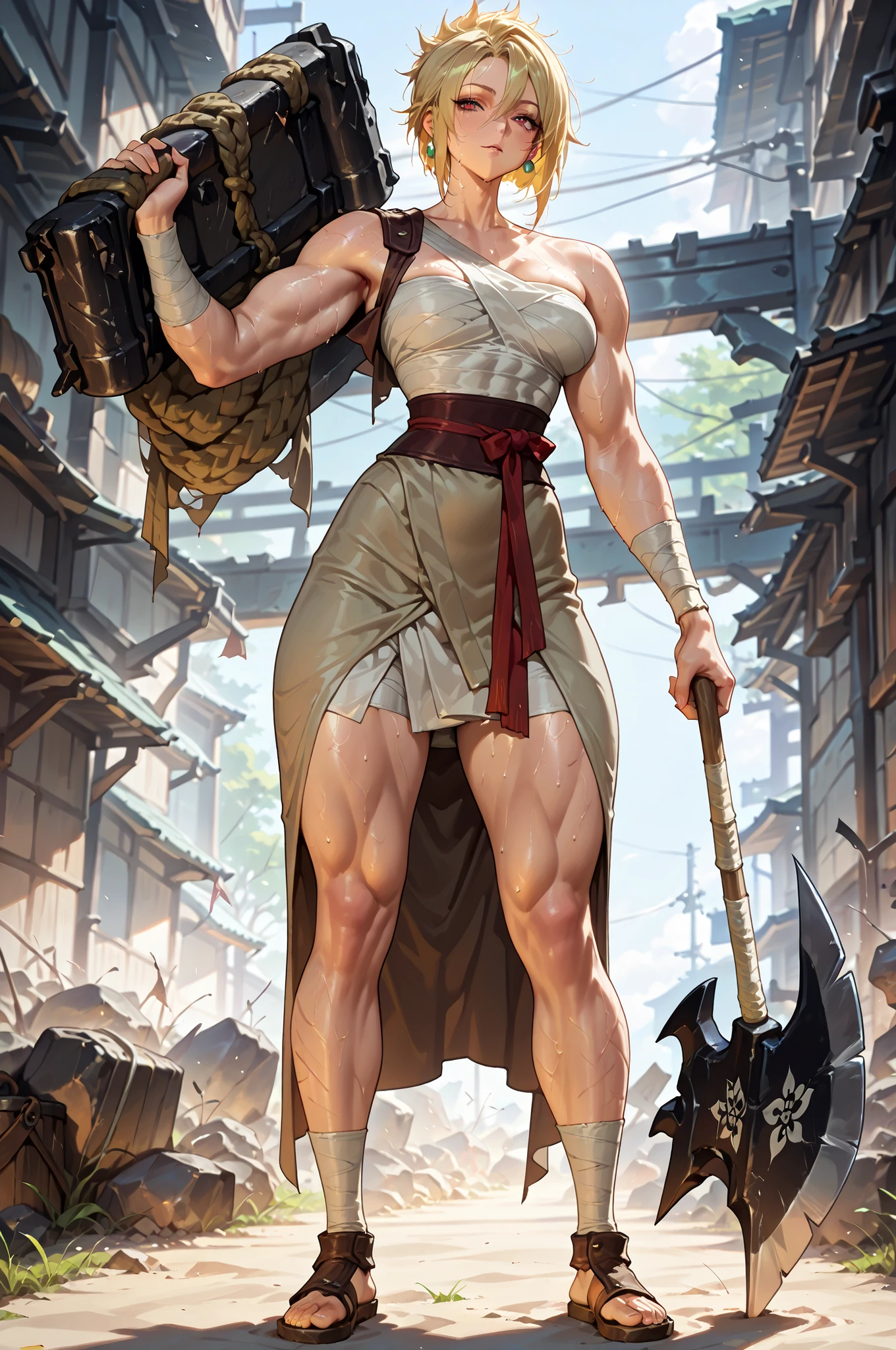 masterpiece, best quality, amazing quality, very aesthetic, high resolution, newest, hyper-detailed, solo, female character, mature woman,MILF ,muscular female figure, ( medium breasts) short hair, blonde hair, wearing Sarashi(white bands) on chest and arms, armed with a long axe, full body, fan art.
