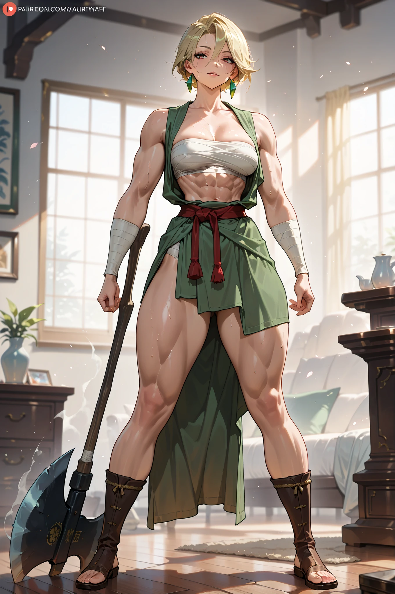 masterpiece, best quality, amazing quality, very aesthetic, high resolution, newest, hyper-detailed, solo, female character, mature woman,MILF ,muscular female figure, ( medium breasts) short hair, blonde hair, wearing Sarashi(white bands) on chest and arms, armed with a long axe, full body, fan art.