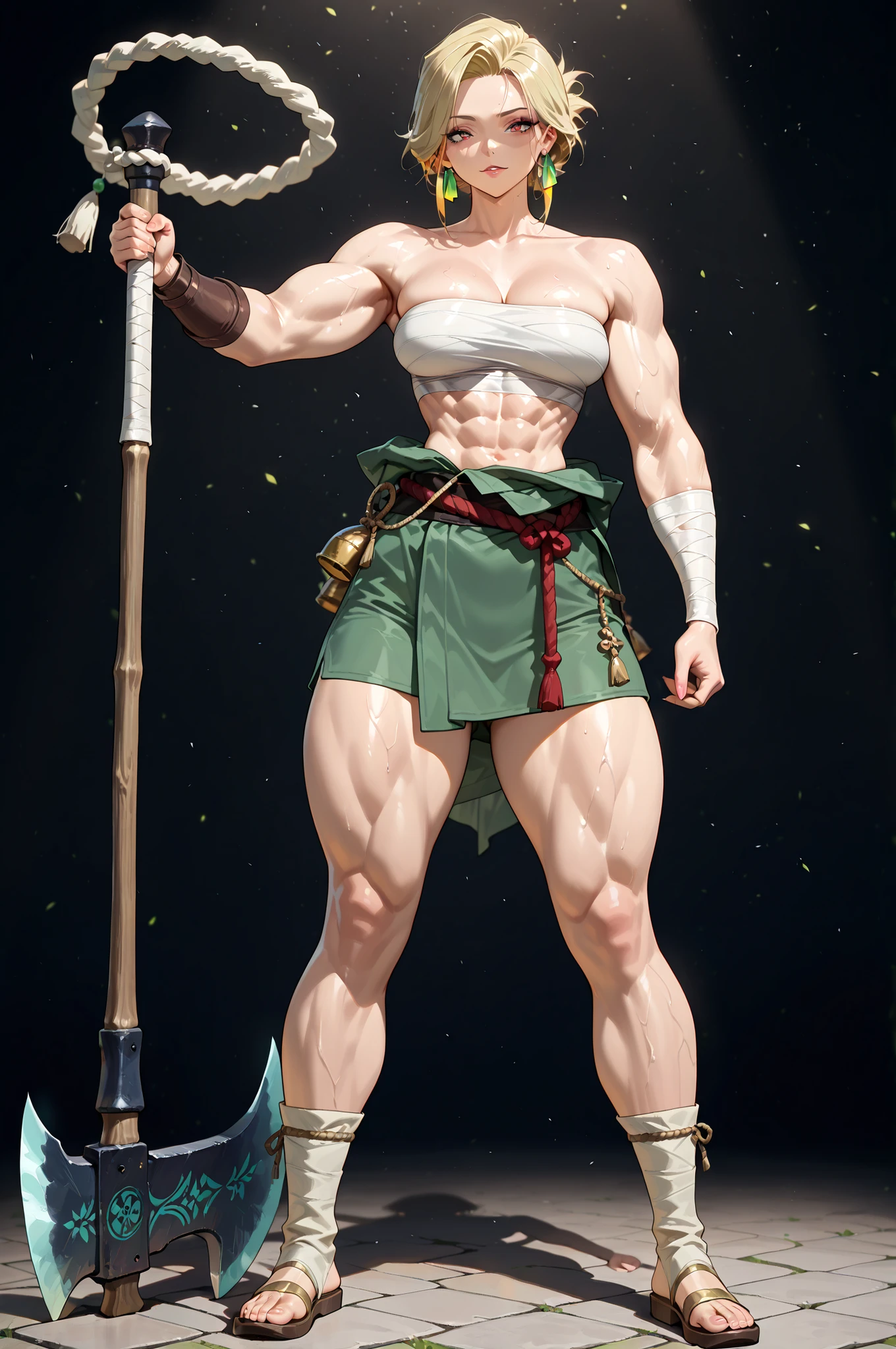 masterpiece, best quality, amazing quality, very aesthetic, high resolution, newest, hyper-detailed, solo, female character, mature woman,MILF ,muscular female figure, ( medium breasts) short hair, blonde hair, wearing Sarashi(white bands) on chest and arms, armed with a long axe, full body, fan art.