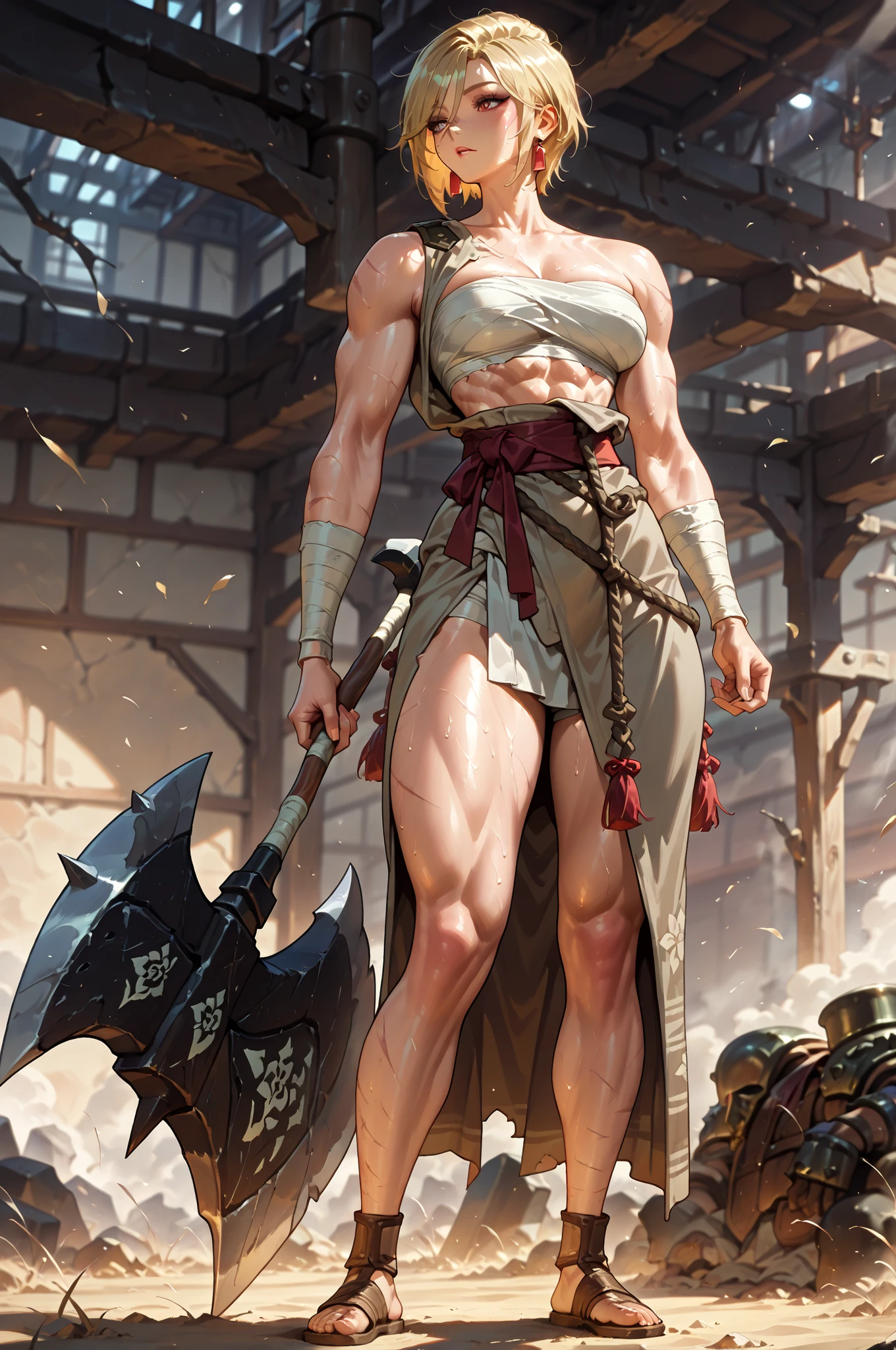 masterpiece, best quality, amazing quality, very aesthetic, high resolution, newest, hyper-detailed, solo, female character, mature woman,MILF ,muscular female figure, ( medium breasts) short hair, blonde hair, wearing Sarashi(white bands) on chest and arms, armed with a long axe, full body, fan art.