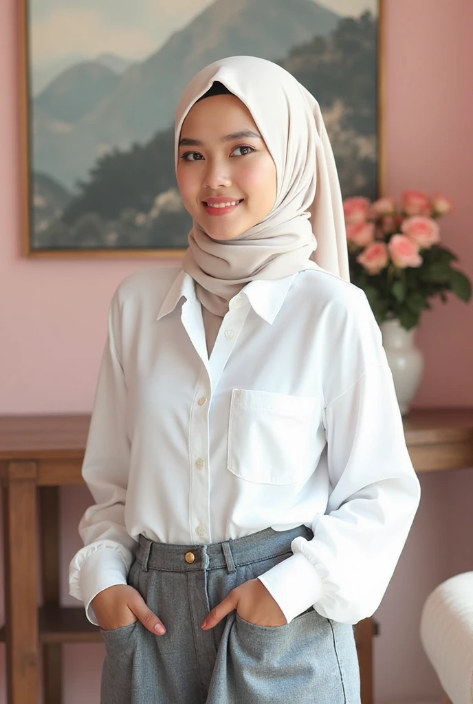 Malay girl in hijab wear big oversized loose blouse and high waist loose cotton pants, pastel color, seating, wear back pack, front view, detail skin, detail skin texture, mole below eyes, small breast, big hip, big waist, big thigh, slim abs, beautiful body, evening, laughing, happy, bright lighting, blur background, bokeh,Super 8mm lense, Extreme close-up, deep focus cinematography effect, Natural Lighting, pastel color grading, high quality, ultra detail, 8k resolution