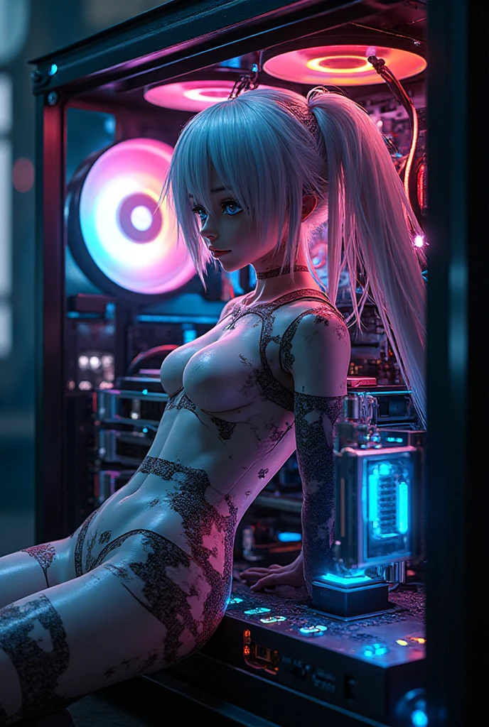 ((((masterpiece))), ((best quality))), ((ultra-detailed)), (CG illustration), ((an extremely delicate and beautiful)),(from side),cinematic light, ((1 mechanical girl)), single, full-body, (machine-made joint: 1.2), ( (mechanical limbs)), (blood vessels connected to tubes), (mechanical spine connected to back), ((mechanical cervical vertebrae attached to neck)), (sitting), forced laughter, (wires and cables around the neck: 1.2), (wires and cables on the head: 1.2) (character focus), sci-fi, extremely thin, colored, the finest white hair, red eyes, in battle, (knotted), (killing), (1 immortal)