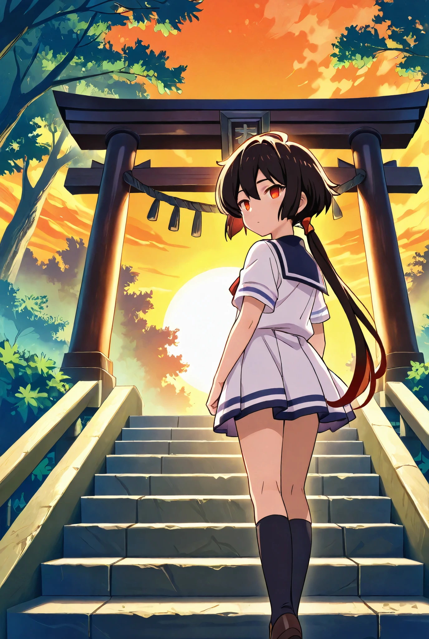 ((anime style)), masterpiece, best quality, ultra-detailed illustration, LoRA applied,
a middle school girl with middle black bob hair, long red nape hair only at the back,
sailor school uniform, high socks, cat-like sharp eyes (tsurime), High quality eye detail, emotionless expression,
turning back and looking at the viewer,
dramatic backlight, sunset lighting,
low-angle view from a few steps below,
standing in a mossy stone stairway of a forest Japanese shrine at dusk,
sunset sky, orange light filter, glowing ambience,
fantasy atmosphere, (Granblue Fantasy style), intricate background, cinematic lighting