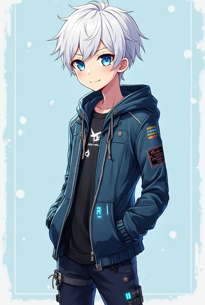 1 little boy, kid, android with a messy short white hair and blue eyes, futuristic white clothes, blushing, shy