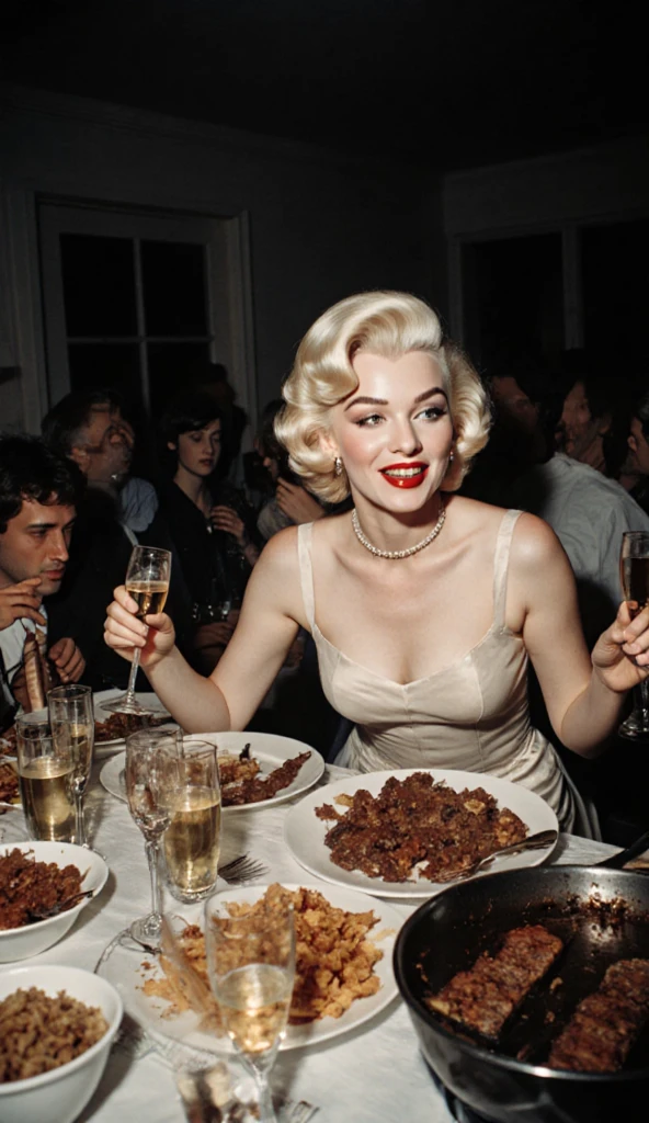 still from dramatic movie scene of young 25 year old adult woman, [marilyn monroe], sitting in a coffee shop, playfully smiling, ((detailed face)), beautiful eyes, (colorized), film grain, 8k ultra hd, widescreen, cinematic, hdr, dramatic lighting, blockbuster hit, one person, (close-up shot)
