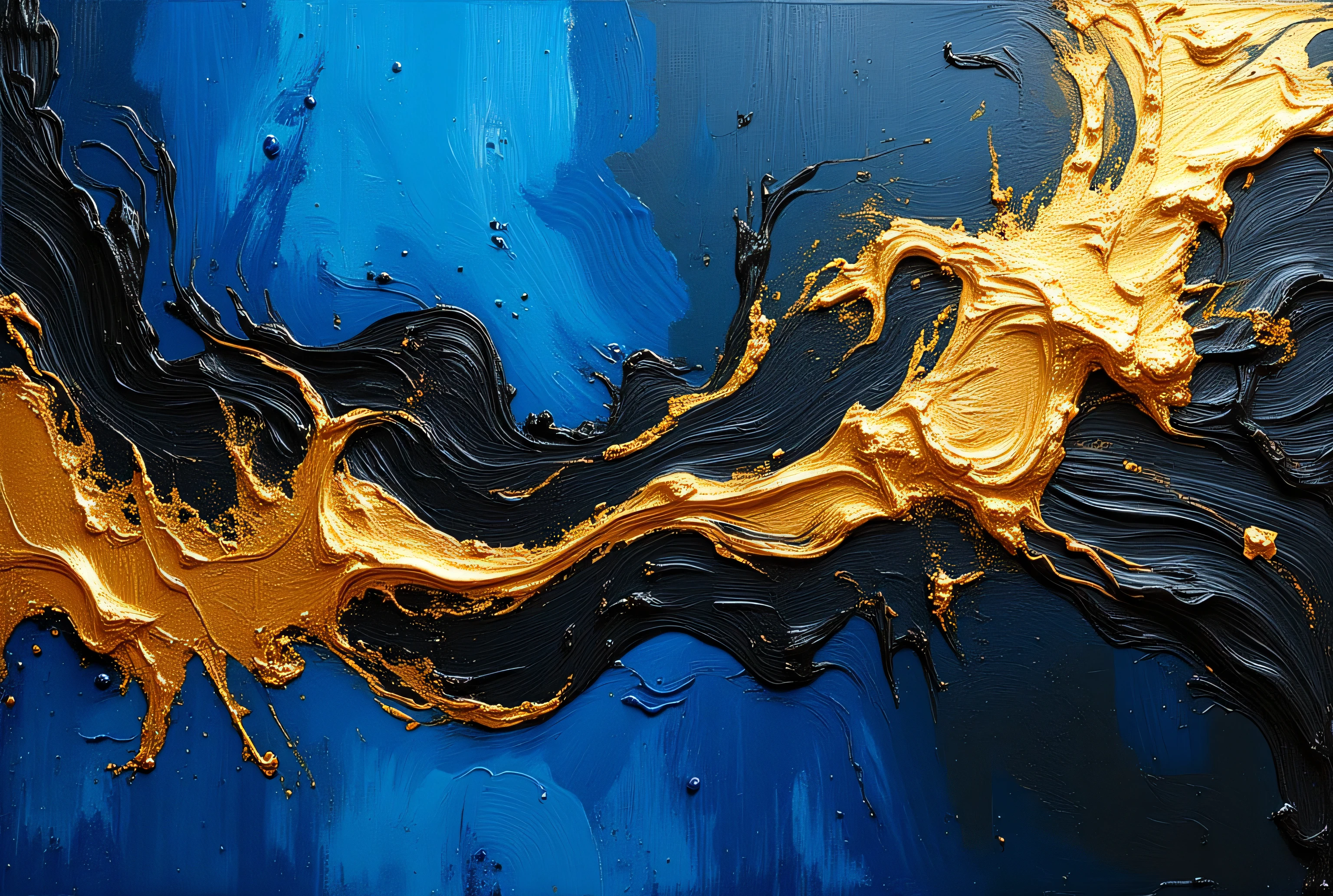 Create Rotating Blue and Gold and Black Paints,Random Liquid Pigment,Irregular Rhythms and Lines,Fluid Effect