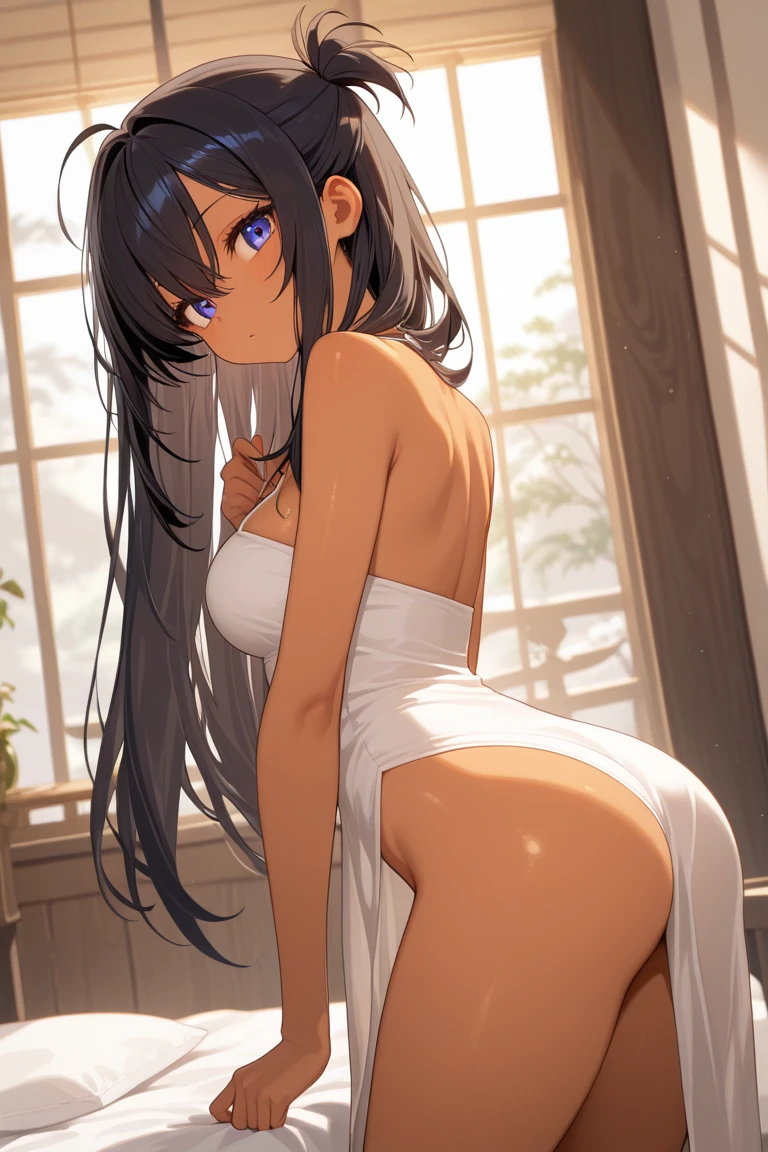 pokemonmay, pokemonmay, blue eyes, brown hair, bandana, long hair,bandana, twintails, hair between eyes, (small breasts:1.2),naked,stocking suspenders,black choker, BREAK looking at viewer, BREAK ,room,candles, night, silk bed, BREAK (masterpiece:1.2), best quality, high resolution, unity 8k wallpaper, (illustration:0.8), (beautiful detailed eyes:1.6), extremely detailed face, perfect lighting, extremely detailed CG, (perfect hands, perfect anatomy),bathrobe,no bra,no panties,without bra,without panties,vagina,nipples,standing, photo from behind,bend over,shows ass,small ass,asshole.