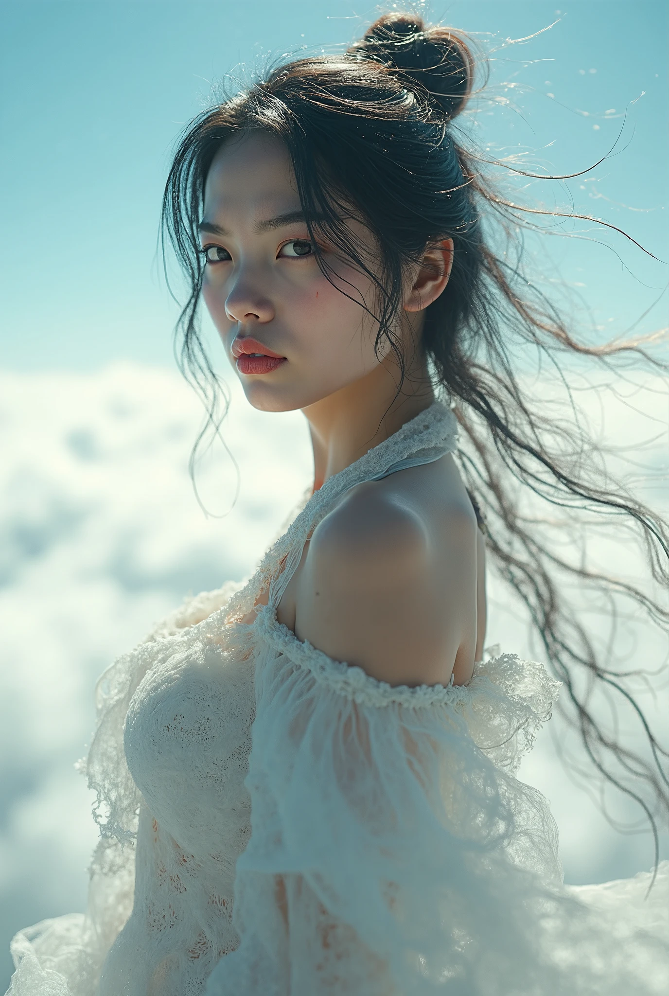 1 Girl, Dynamic Angle, Clouds and Mountains, (Flower Field: 1.4) In foreground, light tracing, (floating colorful wind: 1), (reality: 1.4), official art, Unity 8k wallpaper, ultra detailed, beautiful beauty, masterpiece, best quality, glowing skin, cinematic lighting, light smile, eye level, wide angle, panorama, first-person perspective,  map, Verism, En plein air, surreal, white less cloth  lace bikini, , , Adopt ,  poses.