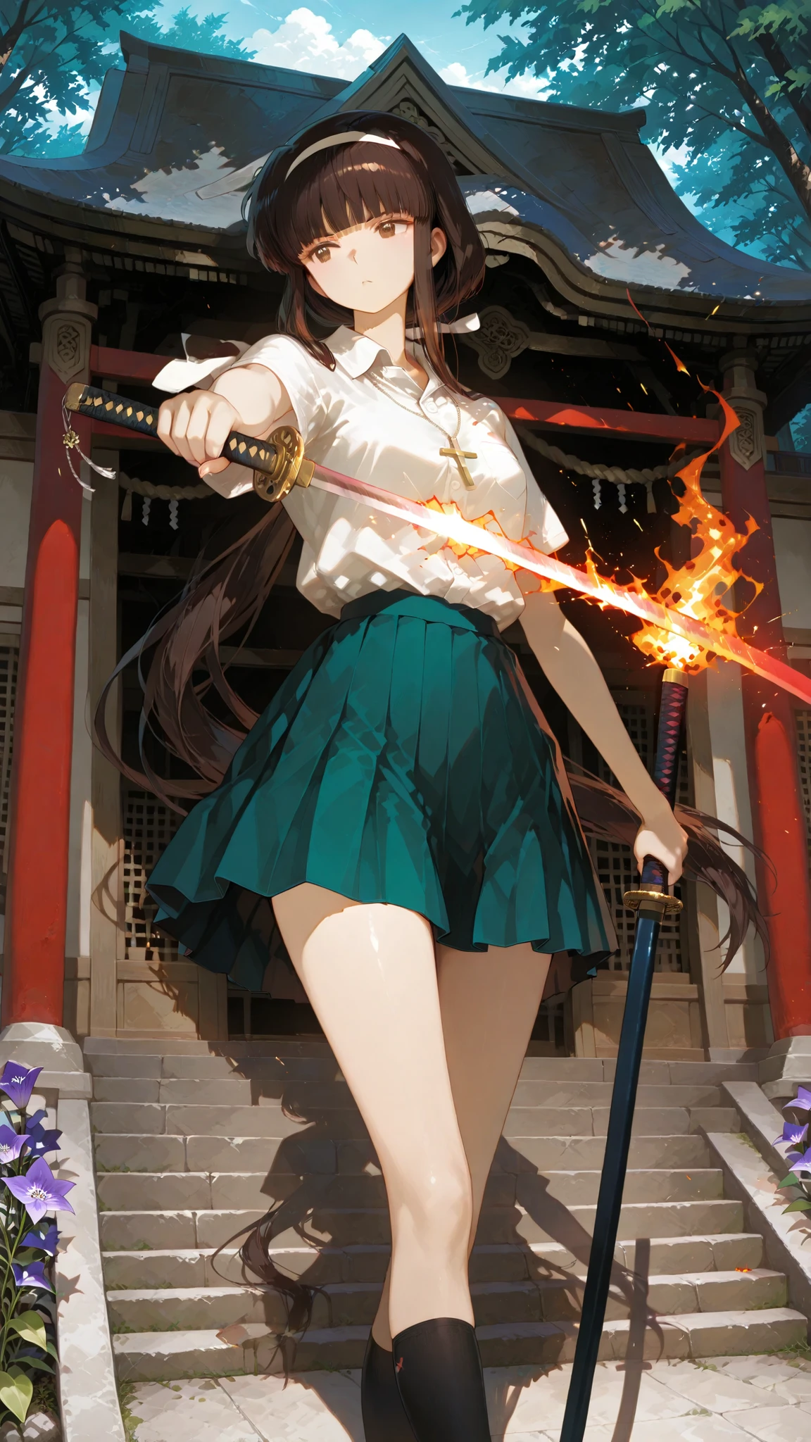 very long hair, blunt bangs , temple, Ji Qie,,Hairband, long hair, blunt bangs , temple, Low Ponytail,, bellflower dog, brunette, Brown eyes,,Outstanding Works,Slightly realistic, Excellent quality, light and shadow, 超high resolution, high resolution,anime style,Sharp and arrogant girl in Japanese school uniform, white shirt with green pleated skirt, black knee socks, silver cross necklace, holding burning flaming katana, dynamically glowing, embers and sparks floating around, superb anime illustration, katana pointing forward, three by five emoji, her eyes emitting red light, skirt and hair dynamically flowing