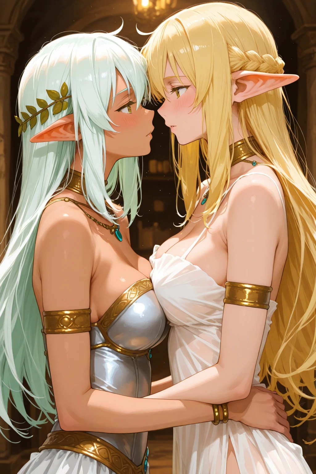 milf elf sit and drinking tea with her elf friend, both have J cup breast and wear golden pasties on tits and pussy, golden tiara, golden heels, golden bracelets, golden tiara, garden scene, clear view