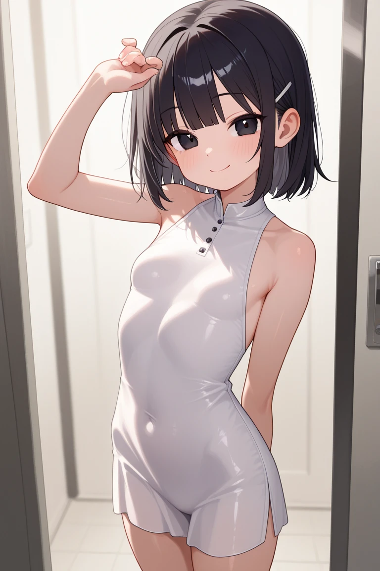 masterpiece, best quality, absurdres, perfect anatomy, 1girl, solo, Qin Liangyu, double bun, bun cover, sidelocks, naked apron, cowboy shot, contrapposto, dynamic pose