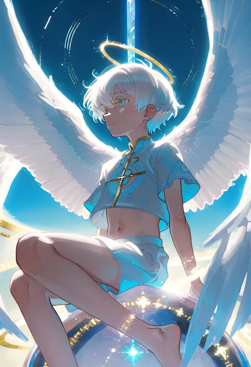 ((elementary boy)), ((shota)), angel, sitting gracefully within a majestic celestial temple high above the vast sky, fluffy white wings folded softly behind him, (white hair) , (blue eyes), large expreesive eyes, gazing forward with a serious and calm expression, a golden halo floating above his head, wearing a short white cropped tunic that reveals his navel, bare feet resting lightly on the marble surface, surrounded by towering marble columns and open arches, soft rays of light streaming through, pastel and airy color palette with tones of white, ivory, and sky blue, subtle glowing particles drifting in the air, divine and ethereal ambiance, anime-style illustration with high detail, focus on the boy’s side profile and beautiful face line, serene and atmospheric composition