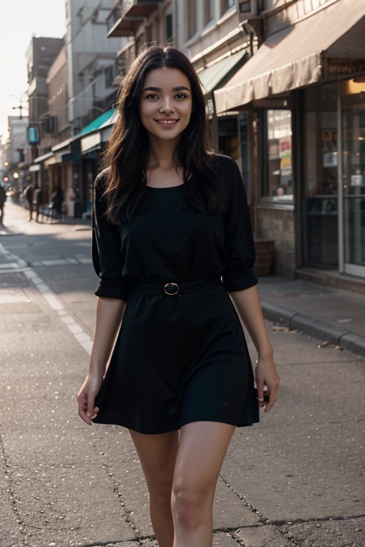 mulher de aproximadamente 27 anos, Brazilian appearance, cabelos cacheados e longos, olhar marcante, pequeno sinal no queixo, sorridente, vestido