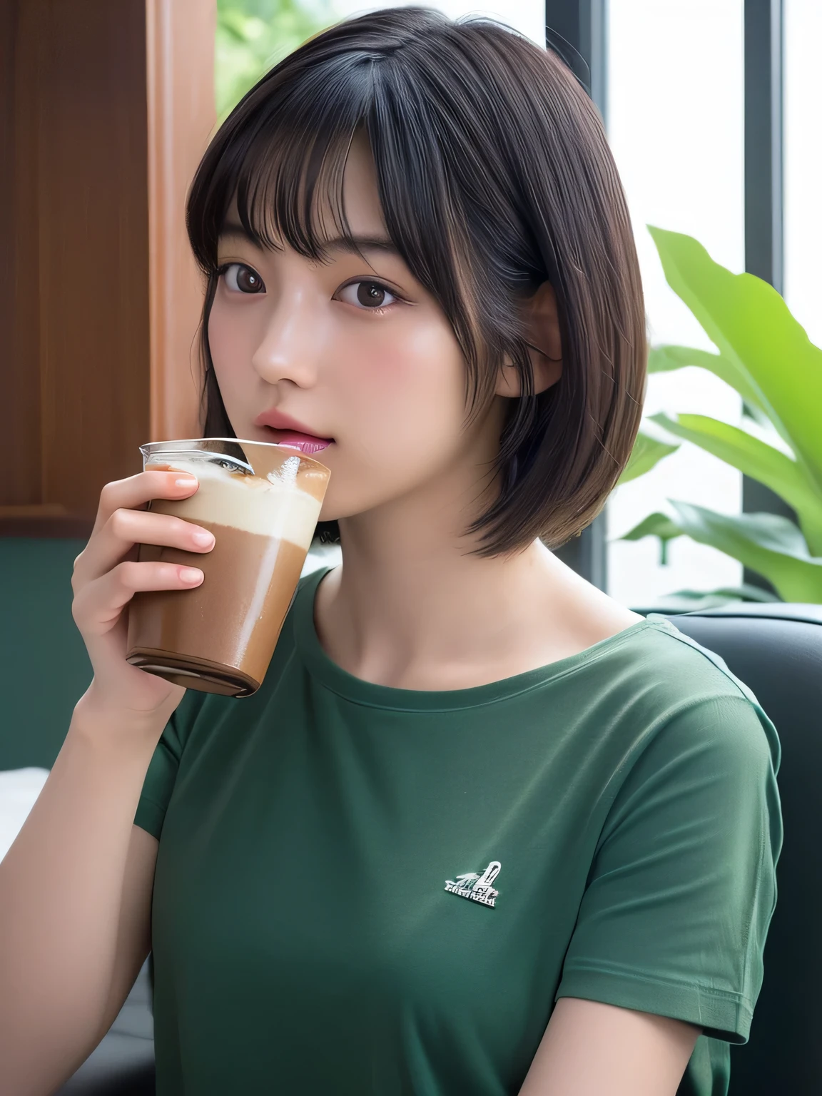 Short-haired beautiful glamourous 32-year-old woman wearing a dark green T-shirt, sitting on a chair and drinking iced cafe au lait at cafe, (((sitting at cafe))), (((wearing a dark green T-shirt))), (((hairs reaching the shoulders))), (((drinking iced cafe au lait))), neogeo, private press, inspired by Rena Nounen, Rena Nounen, Rena Nounen style, young glamourous idol, young pretty gravure idol, of a youthful japanese beauty, precisionism, neoclassicism, best quality, super detailed, masterpiece, 32K, (((Best Quality))), ((Ultra-detailed)), ((extremely delicate and beautiful))