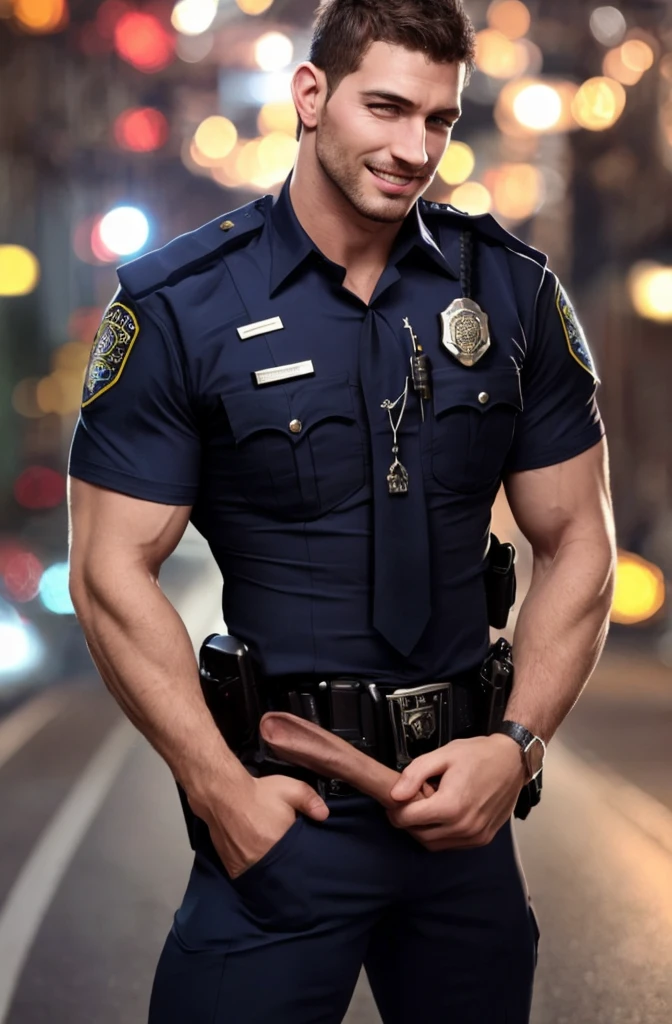 america male police officer posing in his 20s, Wear a suit uniform,show penis outside, hight resolution, masutepiece, best qualtiy, Head:1.3,((Hasselblad Photo Grapp)), Fine fine skin, Clear focus, (Cinematic lighting), during night, Gentle lighting, dynamic angle, [:(Detailed face:1.2):0.2],(((exercise))), , The muscles of the arm are very large, big bulge,big detail penis,erection,high fashion expression,shooting for gay adult magazine,beauty eyes
