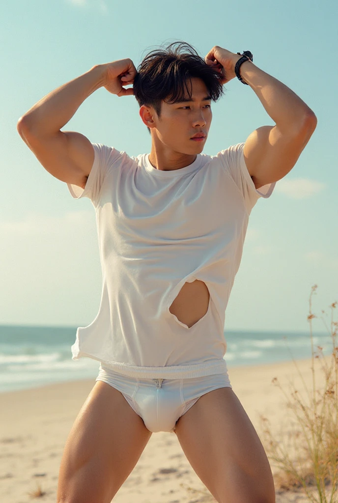 1 person, 18 year old muscular man, korean, topless, very wet body, wearing white jockstrap or thong, sexy, soft light, Masterpiece, best quality, photo realistic, in water.