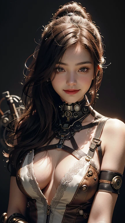 beste-Qualit、шедевр、ultra-high-resolution、(photo- realistic:1.4)、Raw photo、女の子1人、Black hair、glowy skin、steampunk suit、((hyper realistic detail))、portlate、Global Illumination、Shadow、octan render、in 8K、ultrasharp、tetas grandes、Raw skin is exposed in cleavage、steampunc、metals、Golden gears、Hydraulic cylinder、Details of complex ornaments、Gothloli details、Luminous tube、extremely intricate detail、Realistic light、CGSoation Trends、purple-eyed、radiant eyes、Facing the camera、neon details、Mechanical limbs、blood vessels connected to tubes、Mechanical vertebrae attached to the back、mechanical cervical attaching to neck、sitting on、Wires and cables connecting to the head、Small LED lamp、The backdrop is a steampunk city of the future、