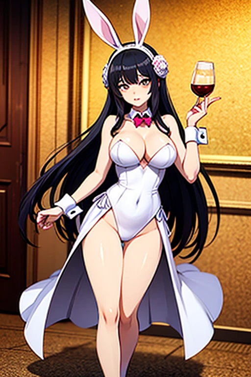 highly detailed skin, highly detailed face, (beautiful detailed eyes, the girl smiles, red cheeks), (One girl is standing), The girl is a cute 18 year old bunny girl, ((no panties, beautiful pussy, thin pubic hair)), (Not wearing a bra, small breasts, cute nipples), ((heel shoes)), bunny girl costume, beautiful legs, Bunny headband, beautiful earrings, Beautiful hair ornament, black hair, Inside the casino, ((Photographed from the front so that the girl's whole body is included)),