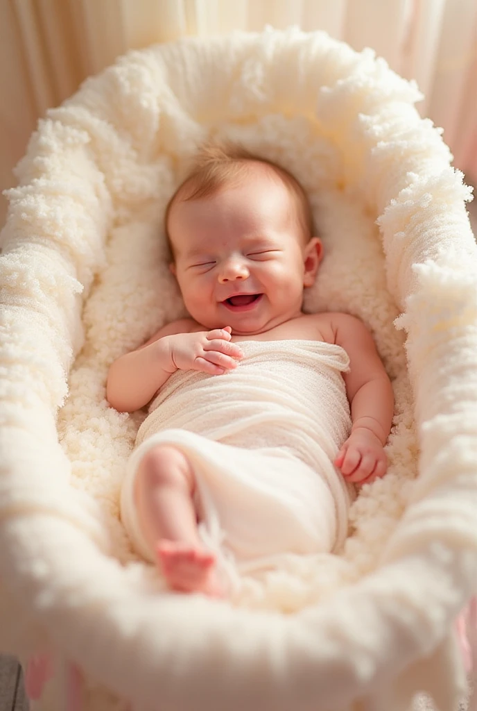 Newborn baby ,rosy-cheeked, smiling, sleeps in a white basket with snow-white lace on the sides, sheer ruffles, snow-white lace diapers,funny ,makes a face