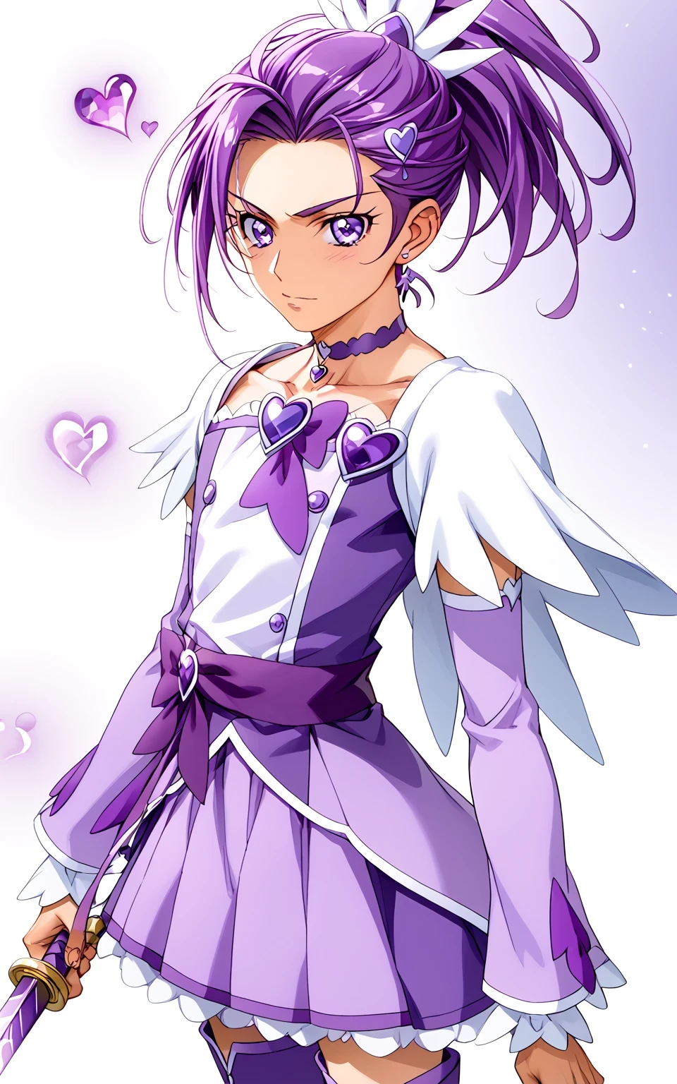 score 9 、score 8 up、score 7 up、source anime、傑作、Best quality、Best resolution、best image quality、anime coloring、anime screencap、anime screenshot、1boy、cure sword is a boy、(manly face:1.6)、solo、boy is wearing a purple dress、short purple hair boy、sparking purple eyes、high short ponytail hair、spade shape hair ornament、solo、amethyst prince、anime prince、 purple skirt、mini skirt、high cut skirt、collarbone、trapezius、white shoulder pads、purple neckwear、heart brooch、purple choker、purple Arm warmers、purple detached sleeves、purple waist bow、bare thighs、thigh muscles、semitendinosus muscles、covered hamstrings、covered adductor magnus muscles、purple thigh high boots、official character art、style of magical boy、masculinization、magical boy、 official fan art、 !!Full body portrait!!、 magical boy style、 王子としての王様讃美歌、 MLP fan art、cure sword outfit、official anime style、official anime artwork、詳細な fan art、 magical aura、the purple thunder aura、Best resolution、 commission for Best resolution background!、wearing a purple dress、boy wearing purple boots、anime boy is wearing a nice dress、(manly:1.6)、official art、anime boy、male focus、looking at viewer、solo focus、cowboy shot、(male body:1.6)、