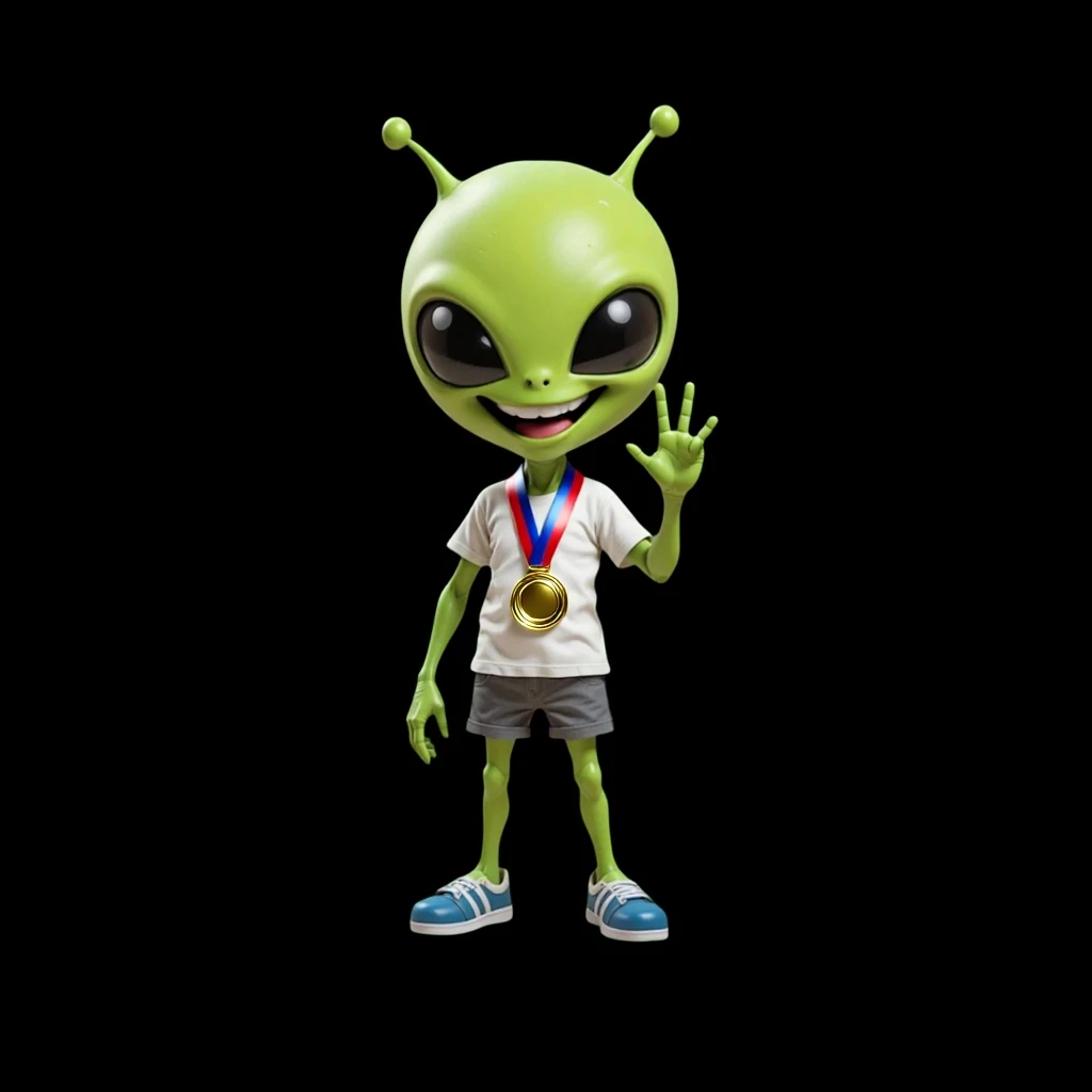  A male green alien playing soccer. On a galaxy