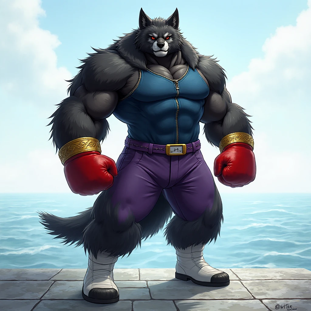 ultra quality:1.4, 4k, high resolution, best quality, color, smooth comics style, takemoto_arashi style, taran_fiddler style, solo, weregarurumon:1.0, muscles:1, heavyweight, massive build, vascular veins, anime martial arts, sweat:1.2, strong:1, masculine, (at the beach), (wearing surf shorts), flexing biceps, biceps, detailed, detailed face, detailed eyes