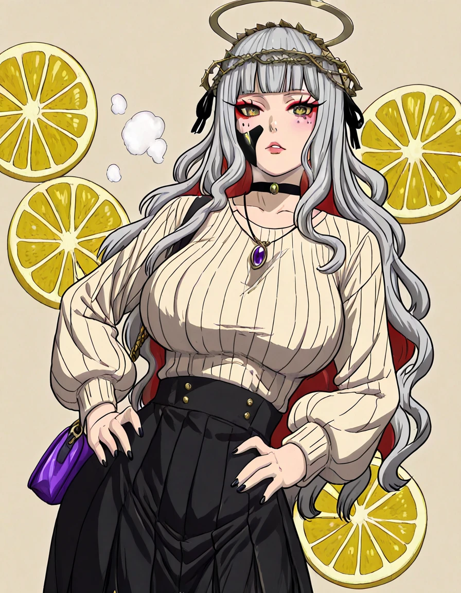 TheDeail, (puuzaki_puuna(punopupupu)-style:1.3), (cirenk-style:1.4), (jeneral-style:1.2), (luxu-style:1.5), ((anatomical correct)), ((Cinematic, unreal engine, eye-catching, ambient occlusion, UHD, masterpiece)), ((perfect lighting, soft shadow)), perfect body, perfect eyes, perfect fingers, gasping, heavy breathing, gasping profusely, ((skindentation)), ((curvy)), ode to joy, very long hair, grey hair, wavy hair, colored inner hair, red inner hair, crown of thorns, blunt bangs, red eyeshadow, long eyelashes, yellow eyes, mark under eye, broken mask, face jewel, purple jewel, black nails, (voluptuous:1.5), (mature female:1.5), (steaming body:1.5), 1girl, lemon, food, skirt, lemon_slice, bag, hands_on_hips, solo, jewelry, necklace, sunglasses, breasts, fruit, sweater, alternate_costume, ((tinted_eyewear)), looking_at_viewer, handbag, nail_polish, pleated_skirt, long_sleeves, choker, casual