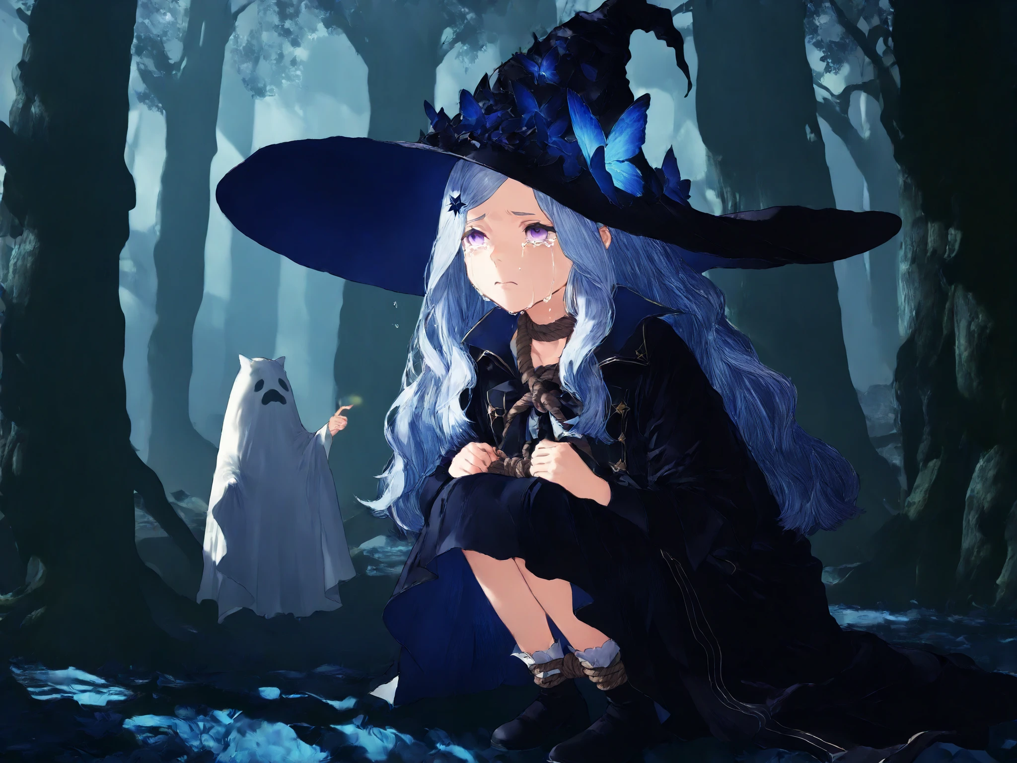 Saryu(NieR_Reincarnation), 1girl, solo, long hair, grey hair, hair ornament, purple eyes, witch, witch hat, long sleeves, coat, blue hair, blue butterfly, on her knees, crying.in a dark forest, a large bedsheet ghost with a rope tied around its neck looking at her from behind a tree