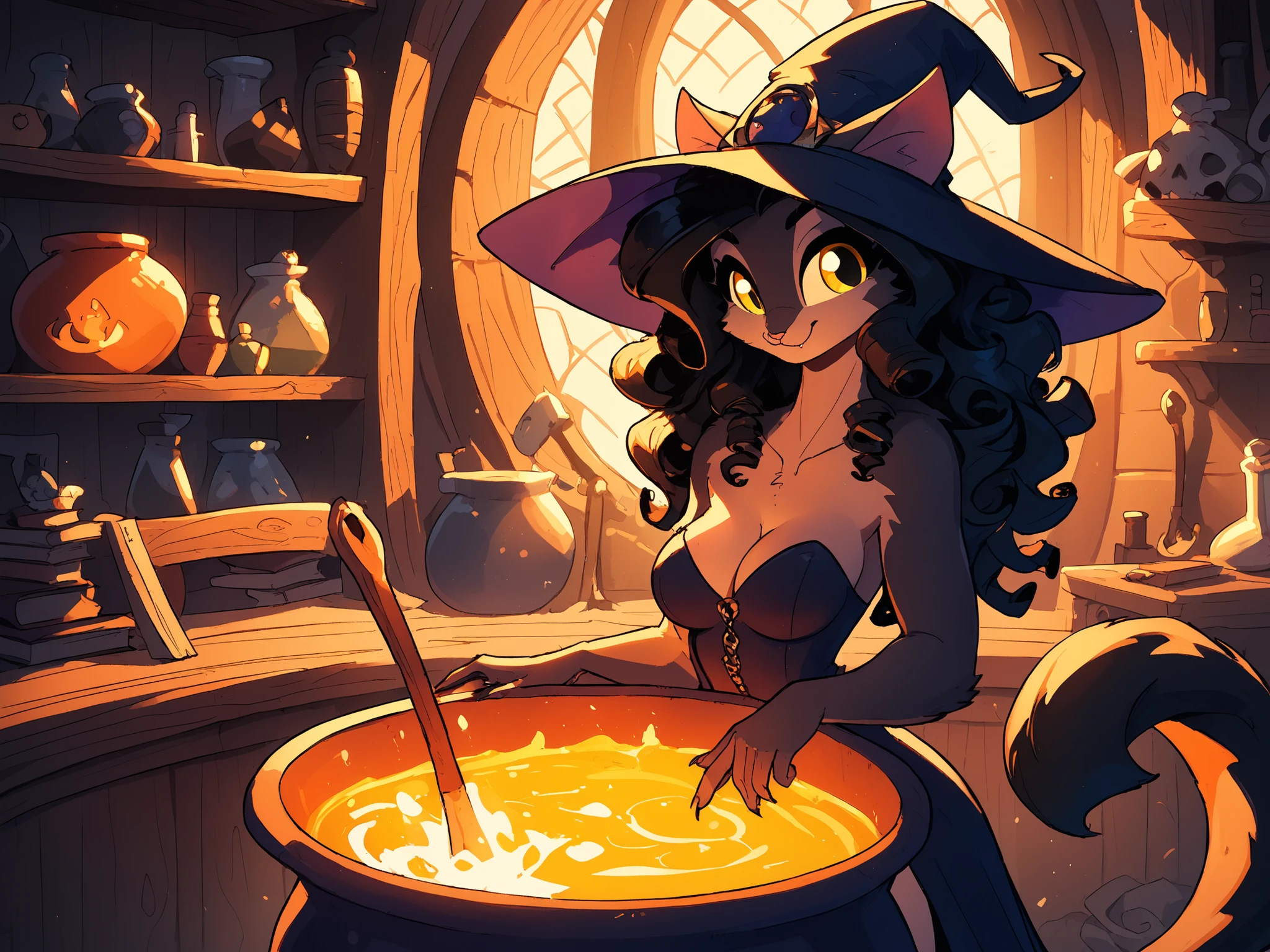In a witch's lair, warm lighting, dim lighting, a large boiling cauldron in the center of the room, shelves fullbof arcane artifacts and books line the walls, 1 girl, (Valeri, cute female anthro cat girl, long black hair, curly hair, smooth hair, yellow eyes, medium breasts, black fur on arms and tail, beige fur on chest and face, dressed as a witch, witch's hat, cleavage, warm smile, stirring the cauldron with a large spoon), a fire under the cauldron, a crow perched on a skull in the background