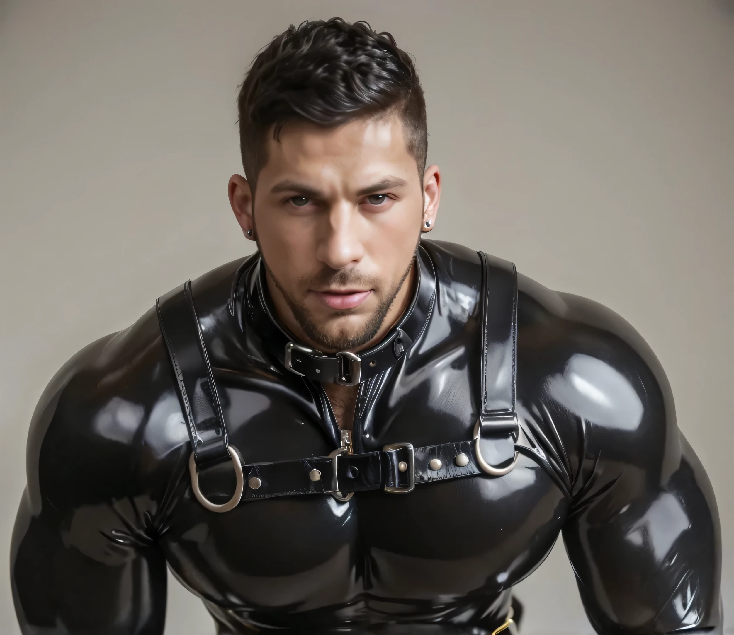 Henry Cavill, muscular, huge pecs, muscular thighs, black jockstrap, black gayharness, nicebulge, sexy pose in bed, adult suite.
