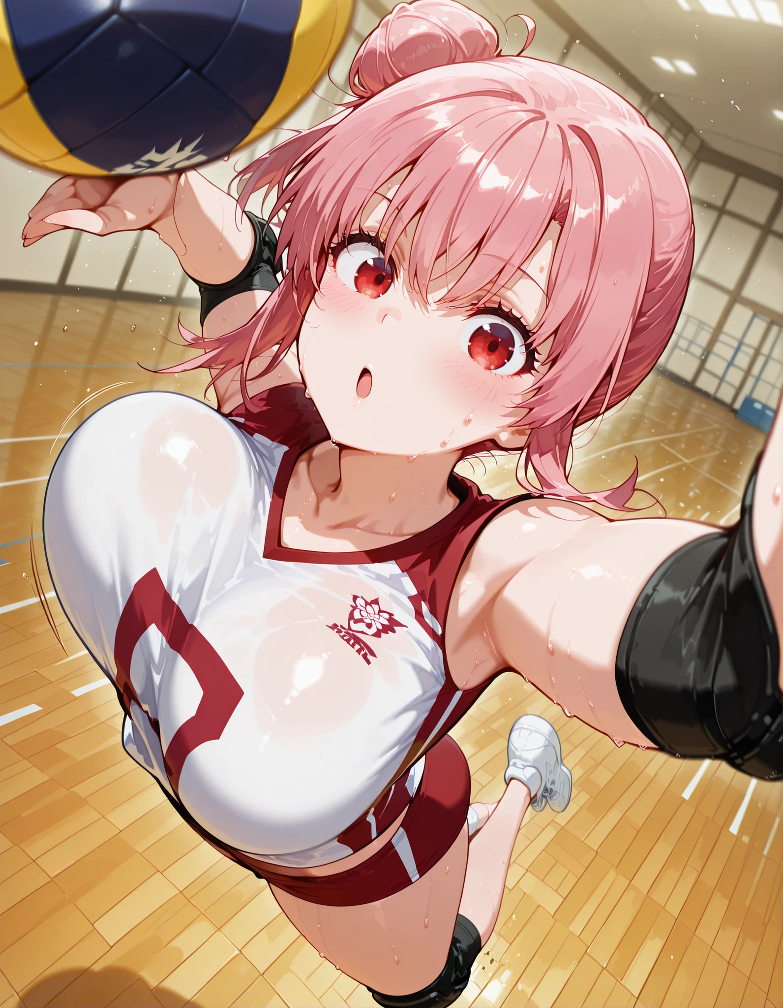 score_9, score_8_up, score_7_up, score_6_up, score_5_up, score_4_up, Highest Quality, masterpiece,
solo, 1girl,
(yui yuigahama), short hair, pink hair, red eyes, side hair bun,
<lora:volleyball-spike-from-above-illustriousxl-lora-nochekaiser:1>, volleyball spike from above, solo, looking at viewer, blush, open mouth, collarbone, sweat,, blurry, :o, ball, bouncing , jumping, volleyball, volleyball (object), hand up, arm up, indoors, elbow sleeve, volleyball uniform, shorts, shirt, sleeveless, elbow pads, knee pads,
white shirt, red shorts, micro shorts,