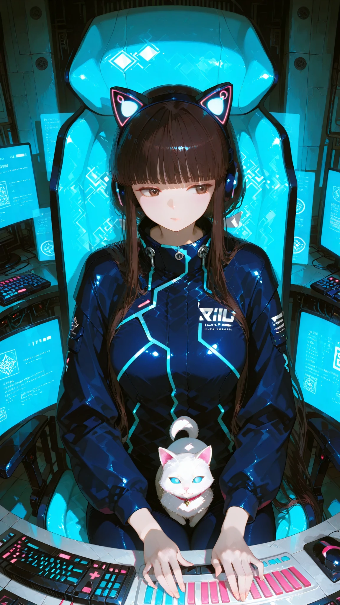 very long hair, blunt bangs , temple, Ji Qie,,Hairband, long hair, blunt bangs , temple, Low Ponytail,, bellflower dog, brunette, Brown eyes,,Outstanding Works,Slightly realistic, Excellent quality, light and shadow, 超high resolution, high resolution,anime style,Super duper detailed depiction of a confident gaming queen sitting in a chair with long flowing hair, wearing a sleek black electric blue futuristic jacket with glowing circuitry patterns, cat ear headphones, sharp icy blue eyes, light smooth skin and soft pink undertones, holding a mechanical keyboard with RGB lights, softly reflecting off her face in the cosy darkness of neon hues! The room, the subtle glowing screen in the background, the cinematic soft lighting, the vibrant but balanced colour palette of the