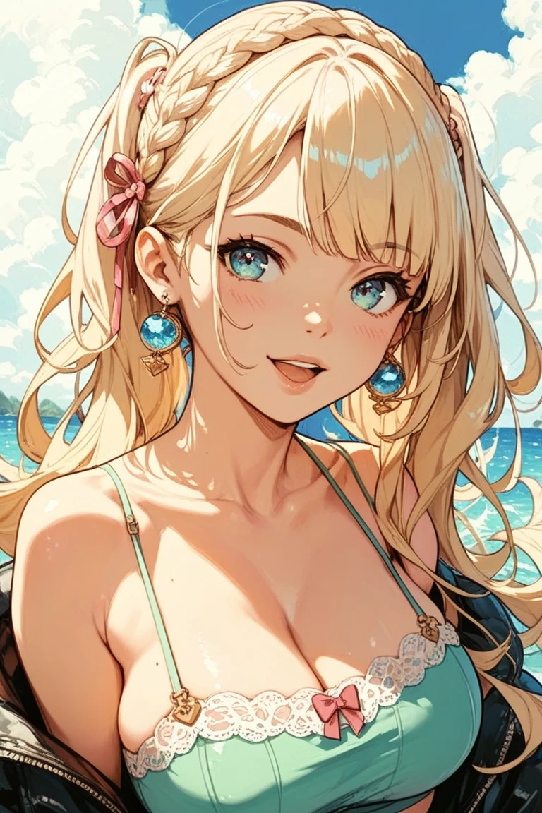 （Top quality ultra-detailed CG art、Upper body naked、Pink polka dot bikini：１.２）、sand beach、a blond、Glossy hair、smooth hair、large blue eyes,Mid summer、Delicate body、breasts are small、Medium Hair、short in stature、It features a simple、Hairpin、ssmile、short in stature、relax vibe、Always cheerful and popular girl、cheerful girl、Tying hair、
