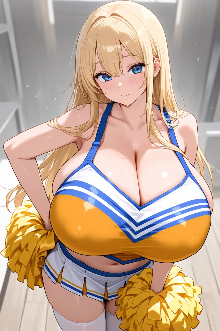 (((score_9, score_8_up, score_7_up,
1girl,solo,long hair,blonde hair,green eyes,ahoge,white hairpin,hair intakes,bow,hairclip))),((Perfect body,))((Super beautiful,))((High quality,)), (sweaty,) (wet all over,) blush,saliva, steam,((iyojima anzu, blond hair,green eye,))sweat, Sweaty and wet all over,((gigantic breast)),((Perfect body,))((Super beautiful,))((High quality,))((Cheerleader costume,,)),pov,Looking at Viewer,Heavy breathing, sweat,Rough breathing, sweaty body,Blushing, looking shyly smile,wet all over,Closed mouth,Soak in the hot springs in the open-air bath at midnight,nipple,half open eyes,