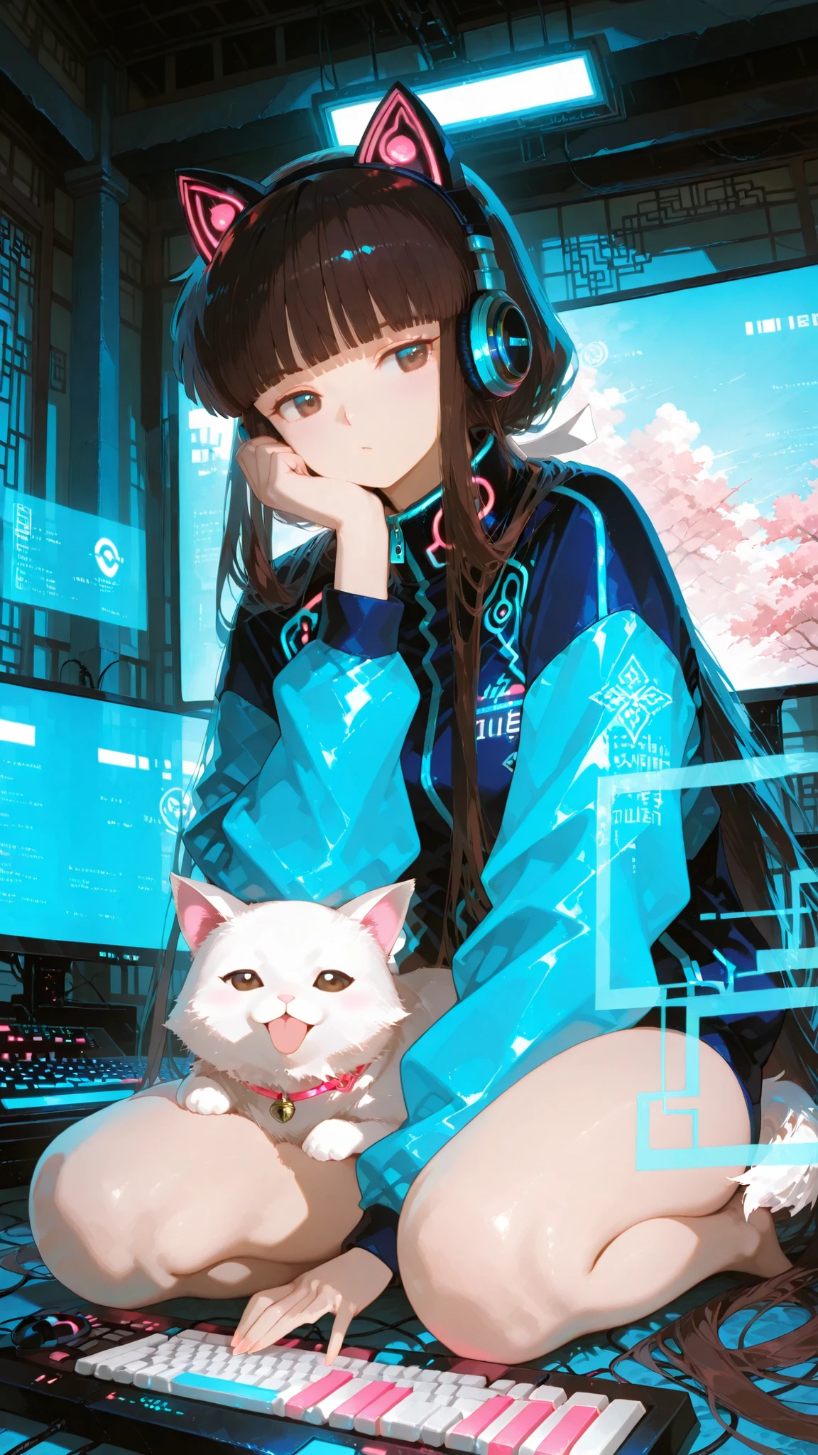 very long hair,  blunt bangs , temple, Ji Qie,,Hairband, long hair,  blunt bangs , temple, Low Ponytail,, bellflower dog, brunette, Brown eyes,,Outstanding Works,Slightly realistic, Excellent quality, light and shadow, 超high resolution, high resolution,anime style，Super super detailed, Gone with the Wind depicts a confident female gamer queen sitting on a high end gaming computer with long flowing hair, wearing a sleek black and electric blue futuristic jacket with glowing circuitry patterns, headphones with cat ears, sharp icy blue eyes, light smooth skin with soft pink undertones, holding a mechanical keyboard with RGB lights softly reflecting off her face in a cosy darkness with neon tones! room, subtle glowing screen in the background, cinematic soft lighting, vibrant but balanced colour palette,