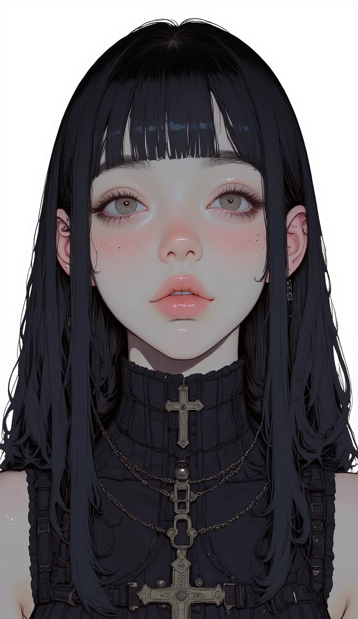 super close up sharp eye,long hair、Bluish Black Hair、Matching Bangs,、 shaggy、 Black sleeveless turtleneck、 knit , No visible accessories, gray eyes、front closeup , Areola Textures , smooth skin、Thick lower lip、glossy lips、Bewitching, The white background creates a sharp contrast with facial features, Central concentrated lighting that emphasizes facial details, high contrast and vivid colors, Friendly and mysterious atmosphere, front angle, shallow depth of field, pay attention to the subject's entire face.