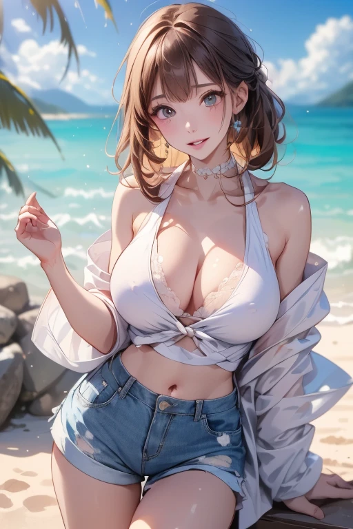 ((Highest quality, 16K, masterpiece: 1.3)), (beauty: 1.2, Slim Abs: 1.2), (Ultra detailed face, Highly detailed lips, Fine grain, double eyelid), (White see-through bikini), 1 female, Short bob woman, One mole on the right breast