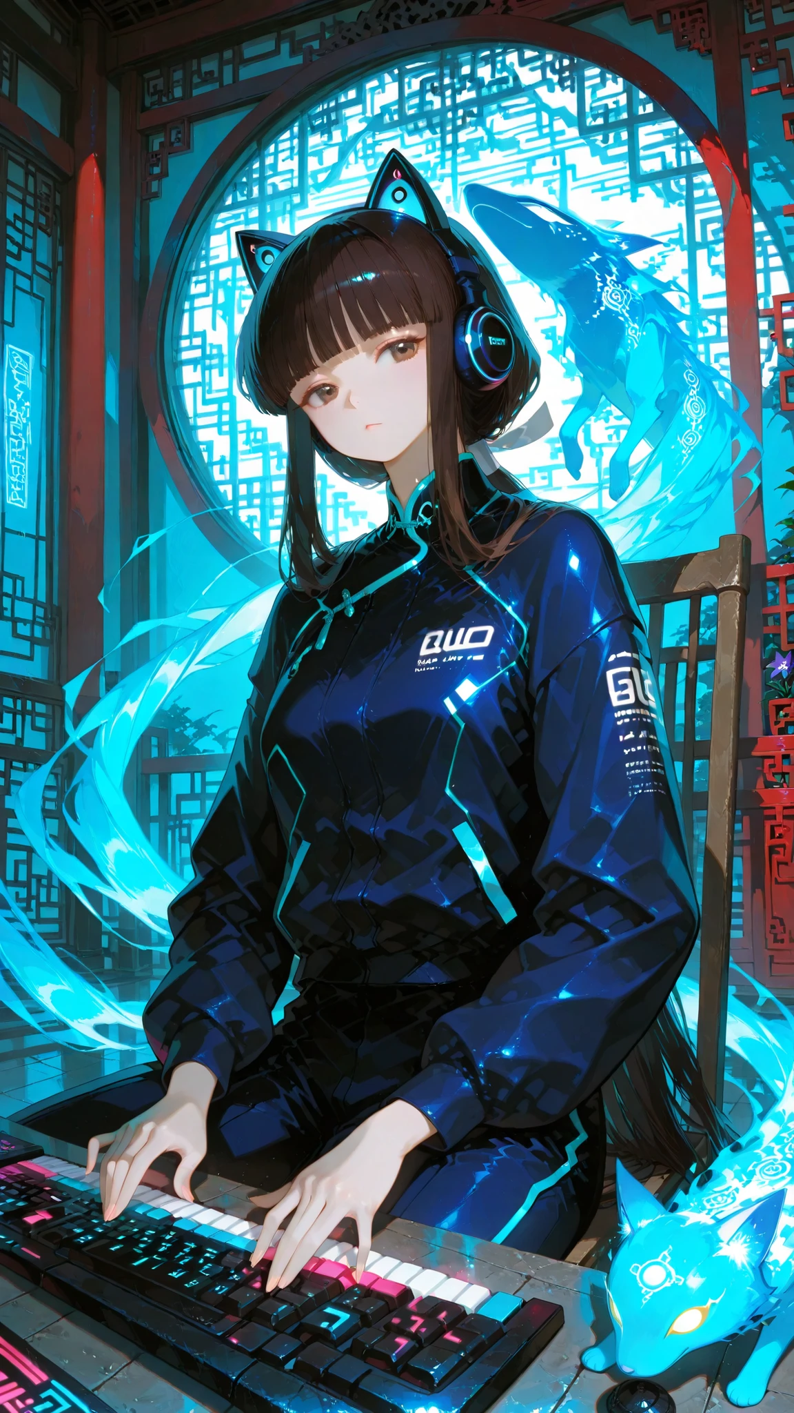 china goddess,very long hair,  blunt bangs , temple, Ji Qie,,Hairband, long hair,  blunt bangs , temple, Low Ponytail,, bellflower dog, brunette, Brown eyes,,Outstanding Works,Slightly realistic, Excellent quality, light and shadow, 超high resolution, high resolution,anime style，Super duper detailed depiction of a confident gaming queen sitting in a chair with long flowing hair, wearing a sleek black electric blue futuristic jacket with glowing circuitry patterns, cat ear headphones, sharp icy blue eyes, light smooth skin and soft pink undertones, holding a mechanical keyboard with RGB lights, softly reflecting off her face in the cosy darkness of neon hues! The room, the subtle glowing screen in the background, the cinematic soft lighting, the vibrant but balanced colour palette of the