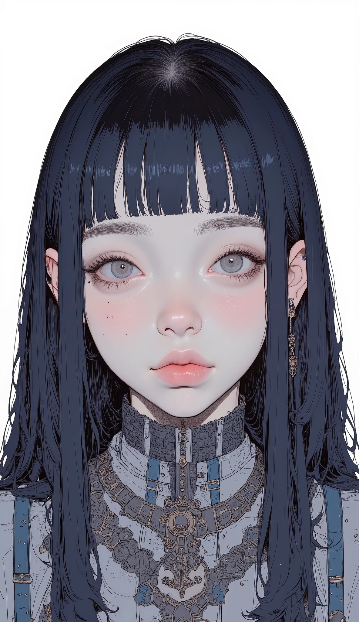 Super Close Up、round face、 Keen Eyes,long hair、Bluish Black Hair、Matching Bangs,、 shaggy、 Black sleeveless turtleneck、 knit , No visible accessories, gray eyes、front closeup , Areola Textures , smooth skin、Thick lower lip、glossy lips、Bewitching, The white background creates a sharp contrast with facial features, Central concentrated lighting that emphasizes facial details, high contrast and vivid colors, Friendly and mysterious atmosphere, front angle, shallow depth of field, pay attention to the subject's entire face.