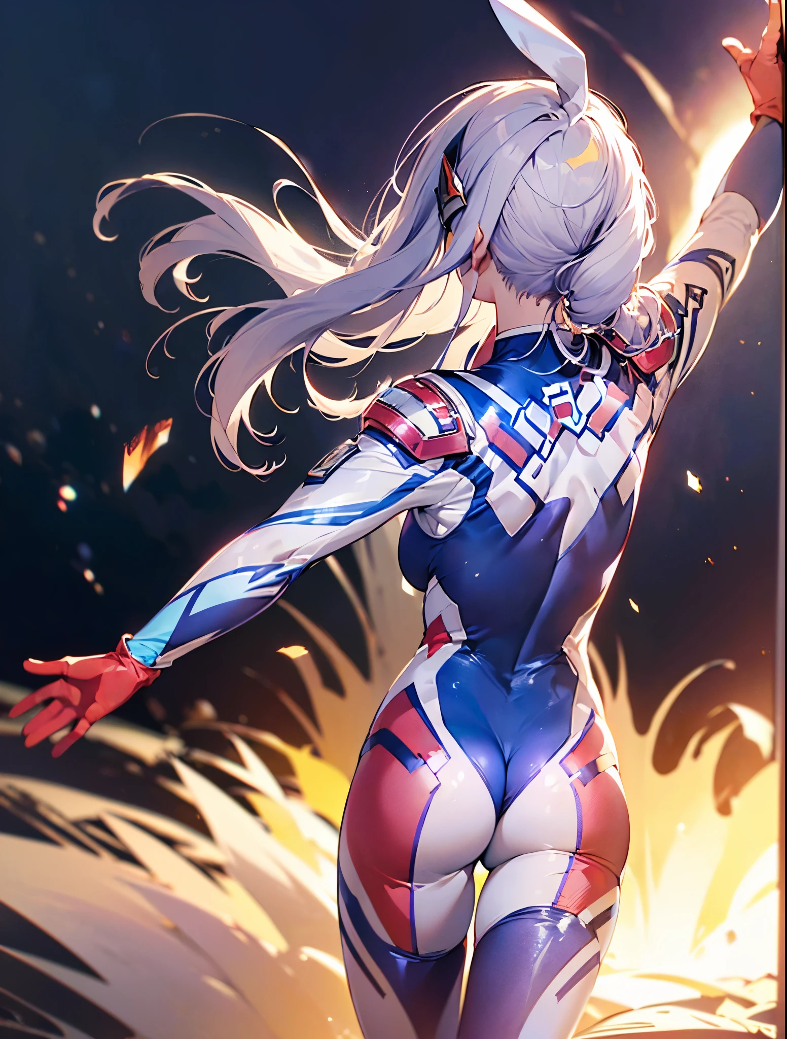 (Close-up:1.3),Realistic,Highest quality, Ultra Detail, High-quality CG rendering, The most delicate and beautiful, Floating softly, High resolution, (1 girl), (Highest quality,4K,8K,masterpiece:1.2) ,Light purple hair,Rabbit,Bunny ears,ponytail,Red eyes,(Ultra Girl:1.0),(All blue Ultraman bodysuit:1.4),(All blue gloves:1.3),(All blue shoes:1.3), (Clenched Fist:1.2),(Turn your back to your audience:1.3),Butt