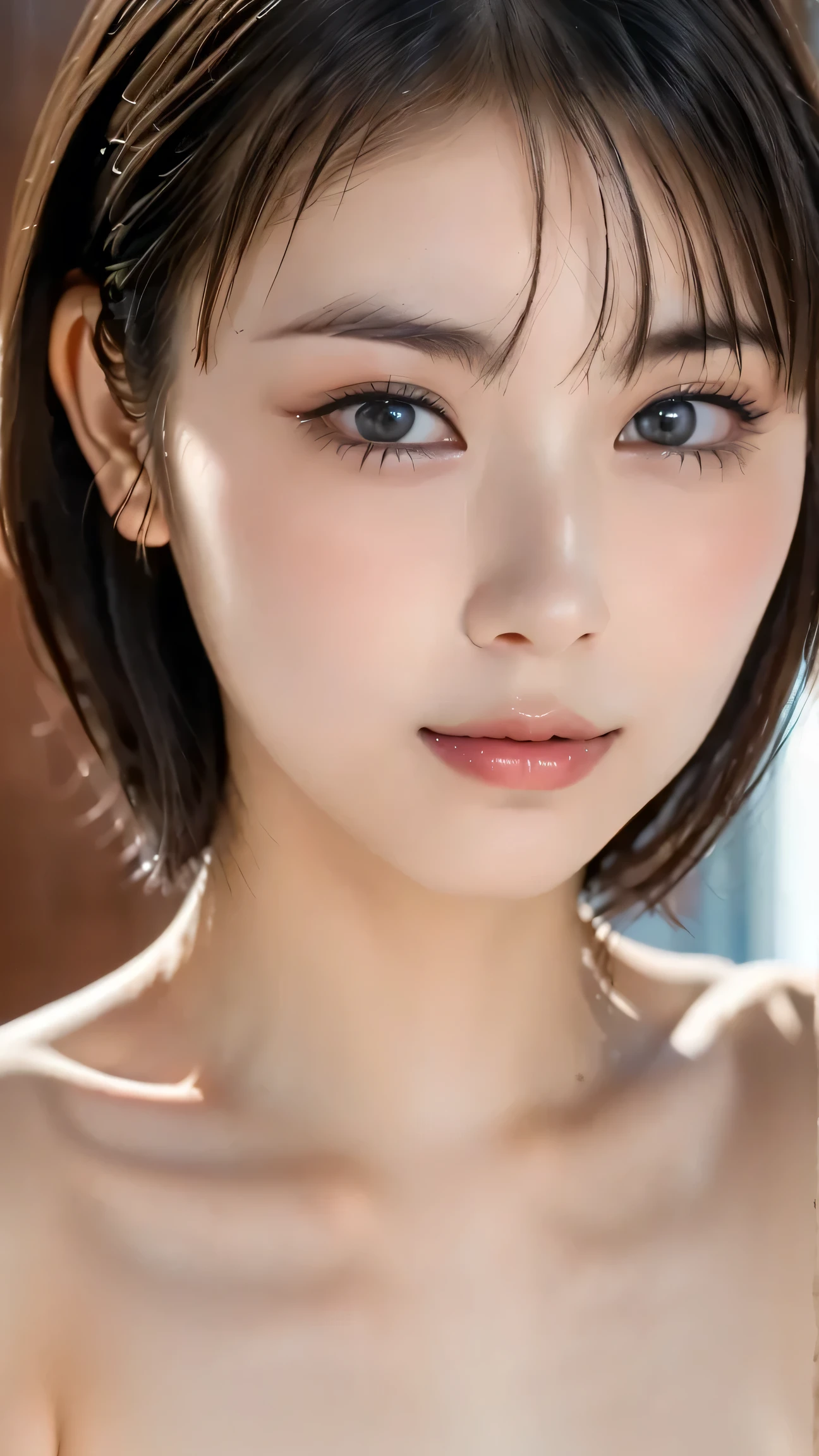 Pale blush,first-person view,cute,nude,(embarrassing,blush:1.3),(detailed face),(Very thin face),(Thin Face),(Delicate lips),(Beautiful Eyes:1.3),light brown eyes,short hair,light brown hair seen from pussy,(Thin nipples :1.3),(nsfw),(upper body),cowboy shot,(looks at the camera:1.2),I think so