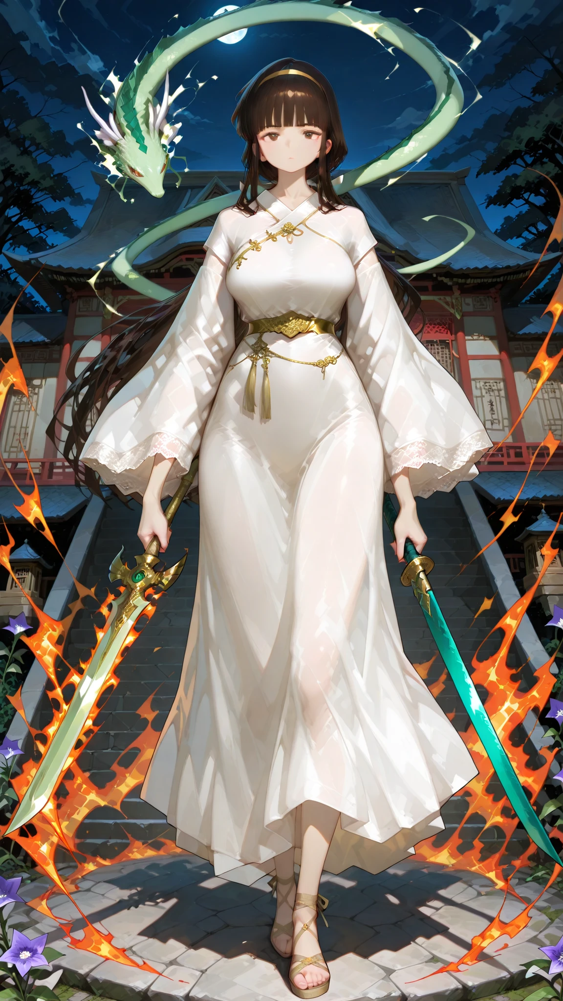 china goddess,very long hair,  blunt bangs , temple, Ji Qie,,Hairband, long hair,  blunt bangs , temple, Low Ponytail,, bellflower dog, brunette, Brown eyes,,Outstanding Works,Slightly realistic, Excellent quality, light and shadow, 超high resolution, high resolution,anime style，Mature Girl . Great hermit's dress, gorgeous red and gold belt, lace-up sandals, green dragon sword, night, flaming battlefield, back に moon night, full body, no character.